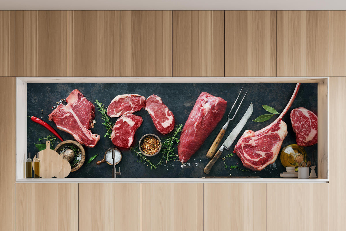 Küche - Steakvariationen auf Schieferplatte in charakteristischer Vollholz-Küche mit modernem Gasherd