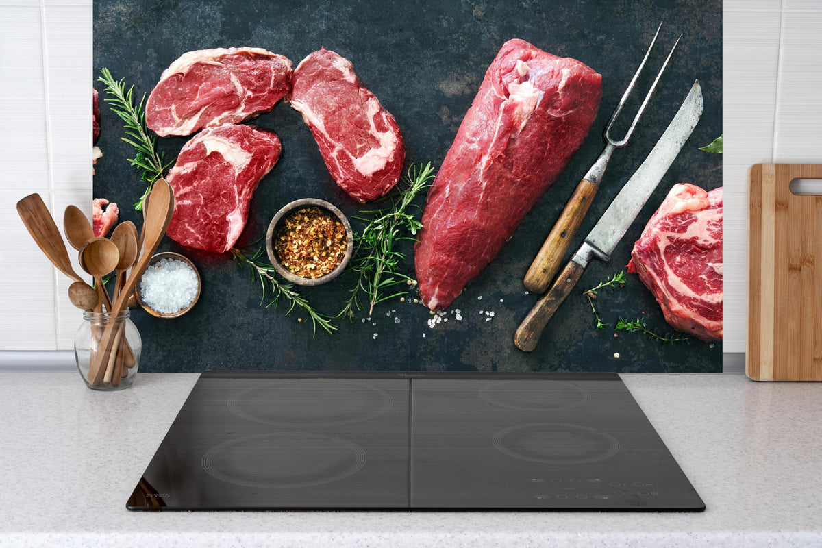 Küche - Steakvariationen auf Schieferplatte hinter Cerankochfeld und Holz-Kochutensilien