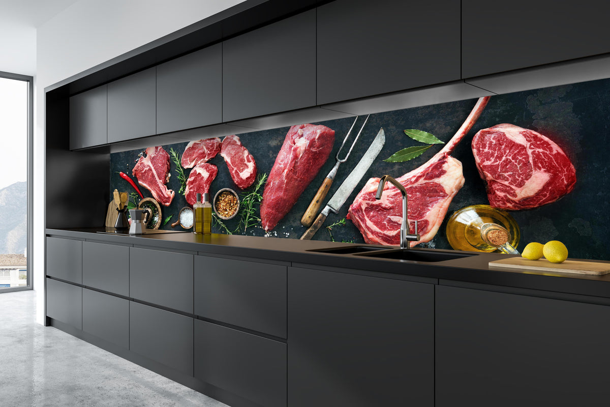 Küche - Steakvariationen auf Schieferplatte in tiefschwarzer matt-premium Einbauküche