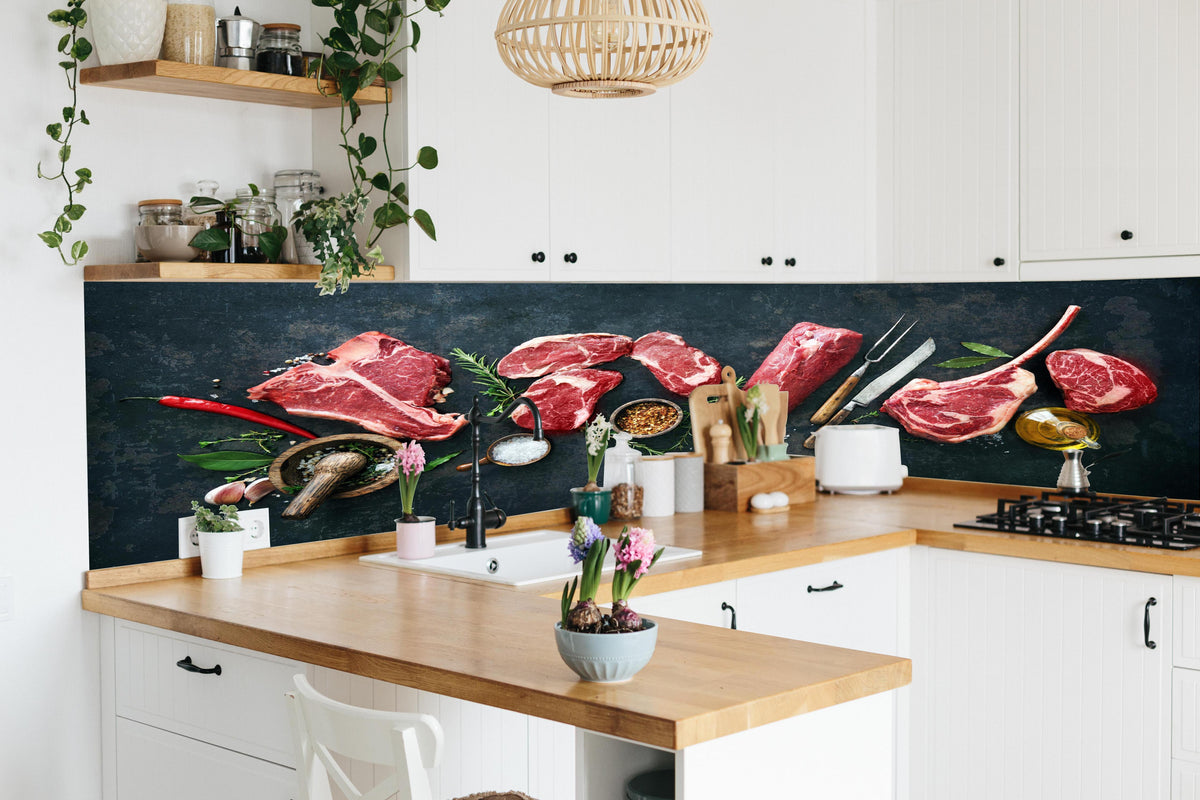 Küche - Steakvariationen auf Schieferplatte in lebendiger Küche mit bunten Blumen