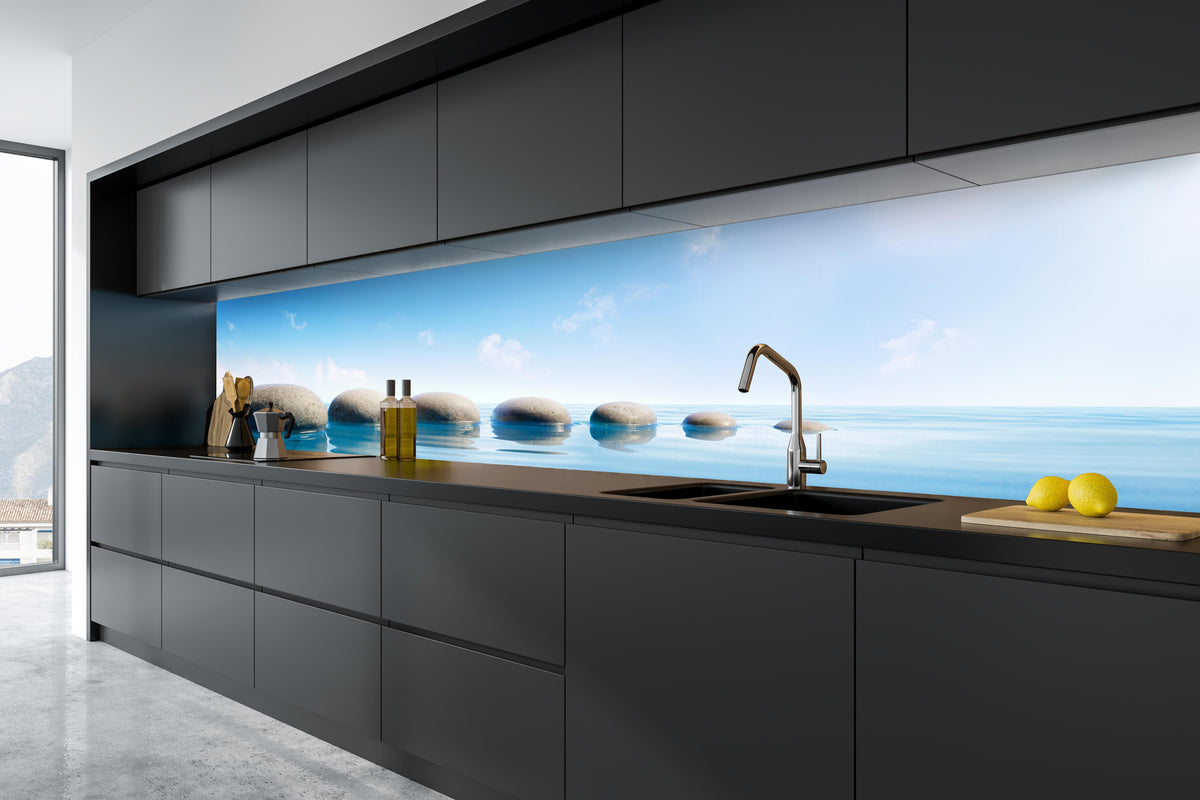 Küche - Steinreihe auf Wasser in tiefschwarzer matt-premium Einbauküche