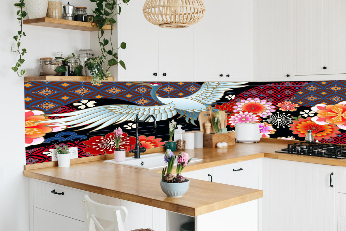 Küche - Stolzer Kranich in lebendiger Küche mit bunten Blumen