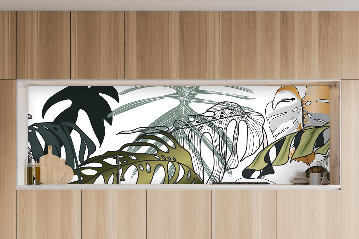 Küche - Tropische Blätter in charakteristischer Vollholz-Küche mit modernem Gasherd