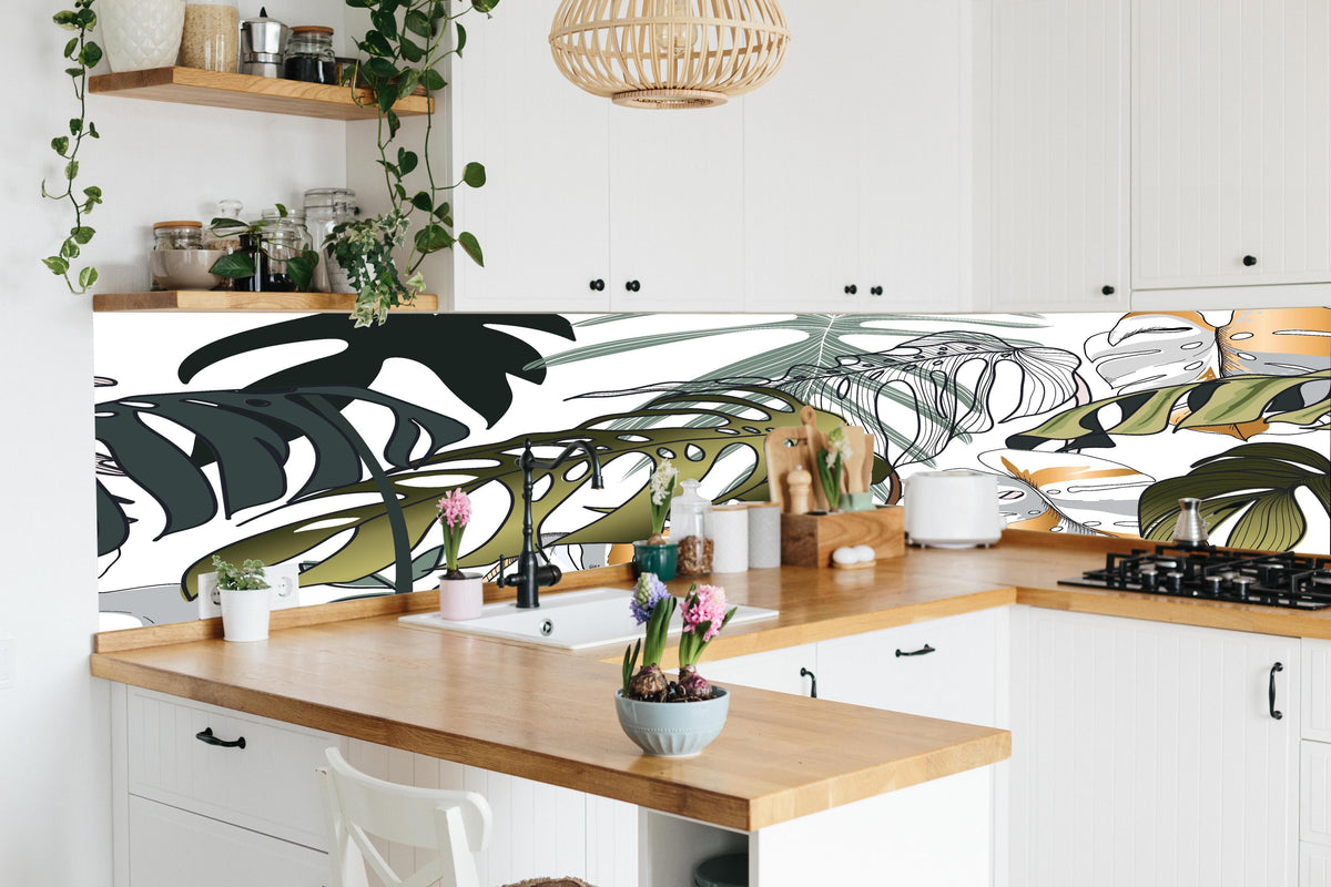 Küche - Tropische Blätter in lebendiger Küche mit bunten Blumen
