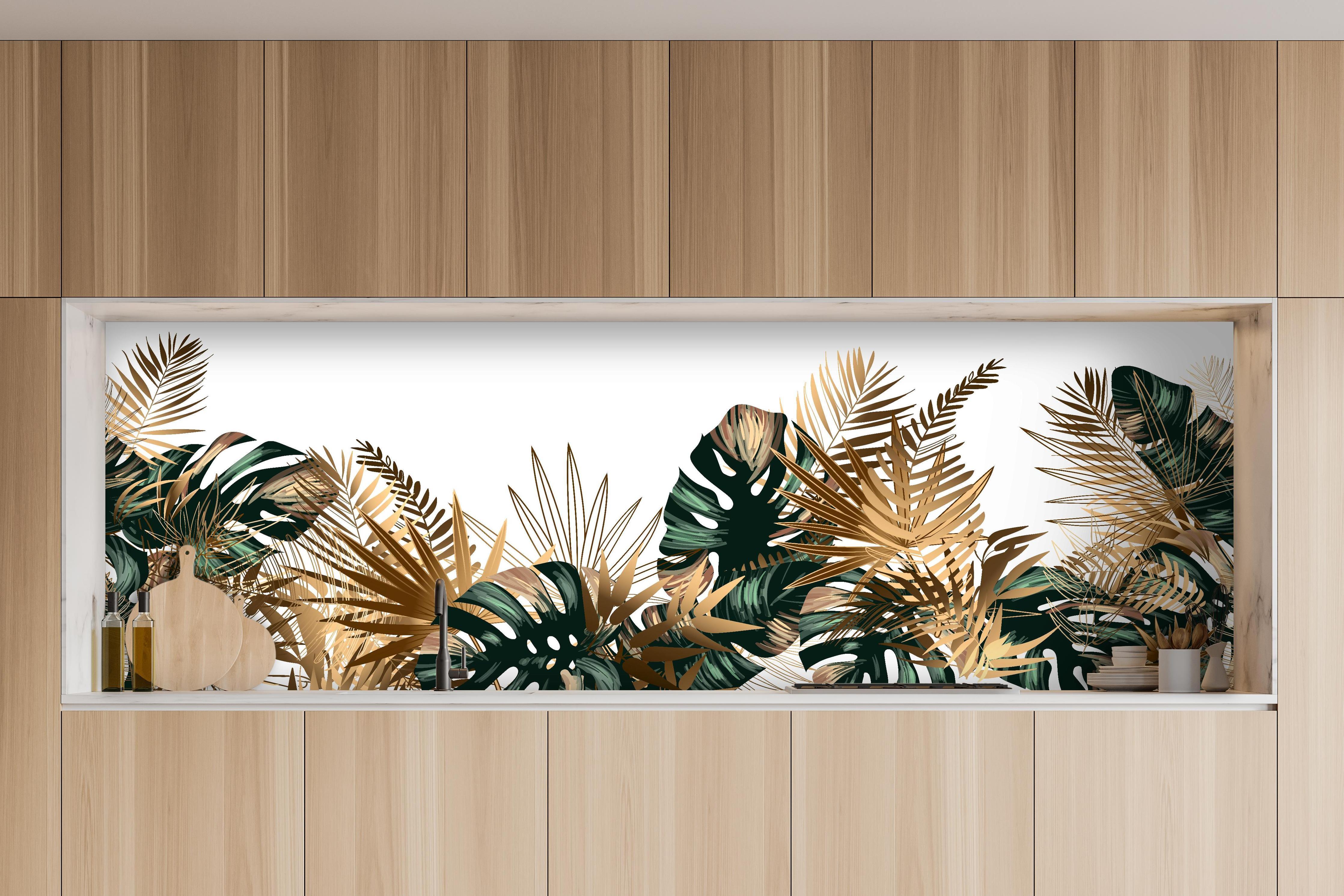 Küche - Tropische Gold-Palmen Dekor in charakteristischer Vollholz-Küche mit modernem Gasherd