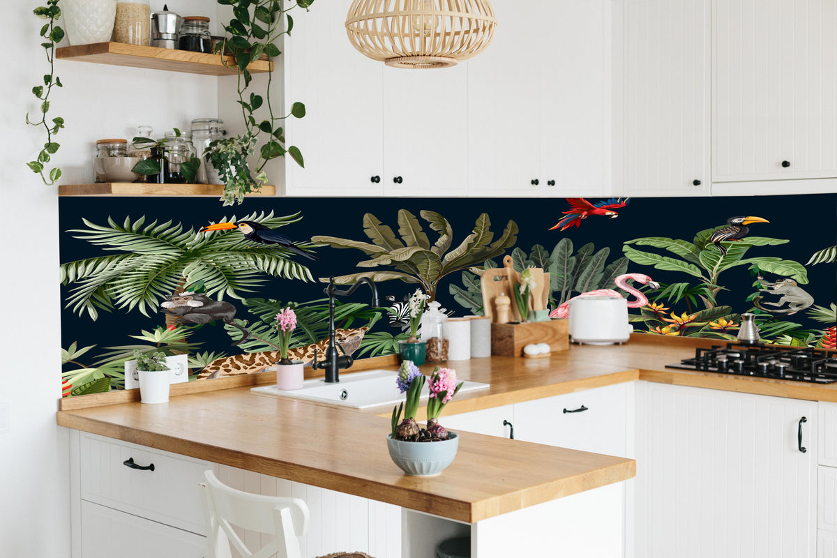 Küche - Tropische Pflanzen & Tiere in lebendiger Küche mit bunten Blumen
