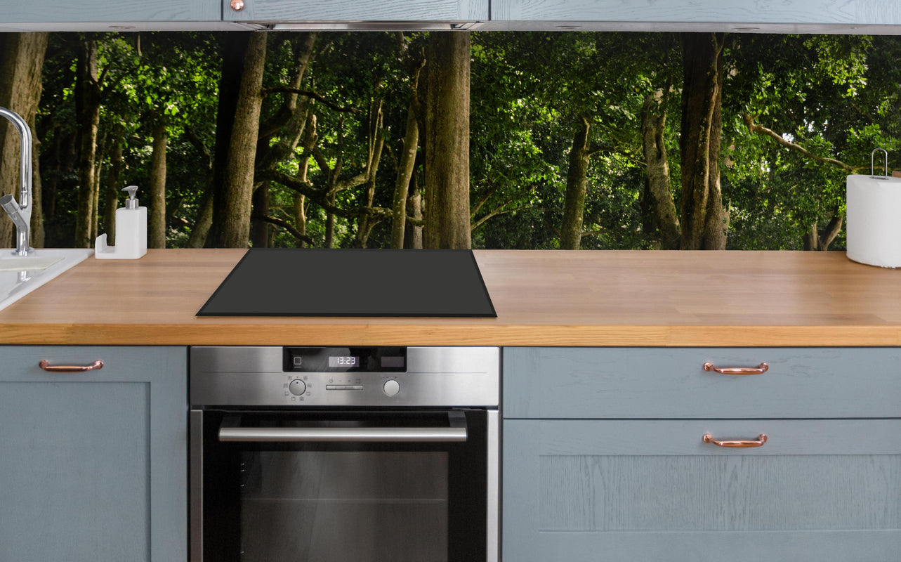 Küche - Tropischer Wald auf der Insel Havelock über polierter Holzarbeitsplatte mit Cerankochfeld