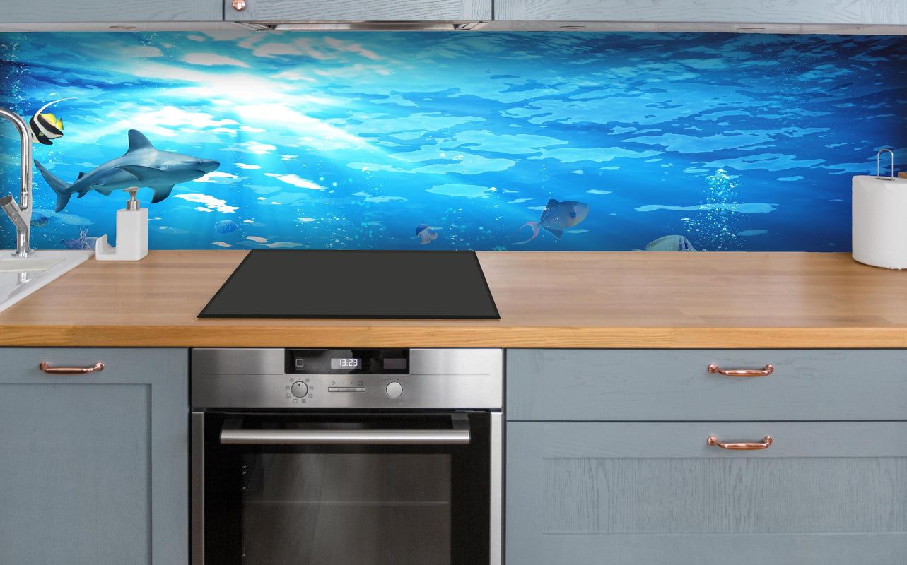 Küche - Vielfältige Unterwasserwelt über polierter Holzarbeitsplatte mit Cerankochfeld