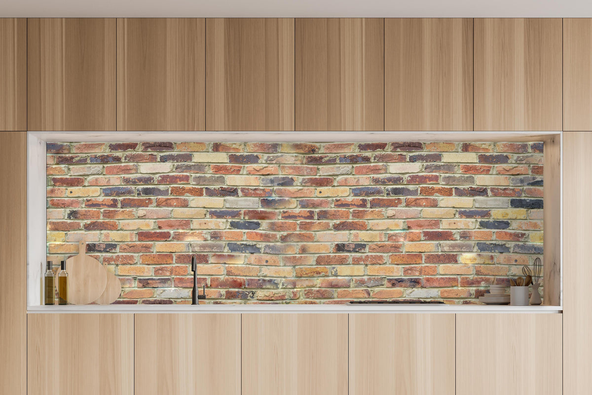 Küche - Wand aus farbigen Ziegeln in charakteristischer Vollholz-Küche mit modernem Gasherd
