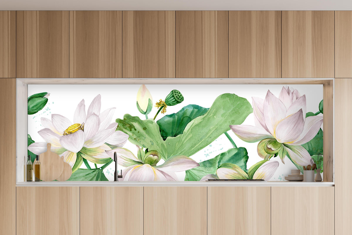 Küche - Weiße Lotusblumen - nahtlose Muster in charakteristischer Vollholz-Küche mit modernem Gasherd