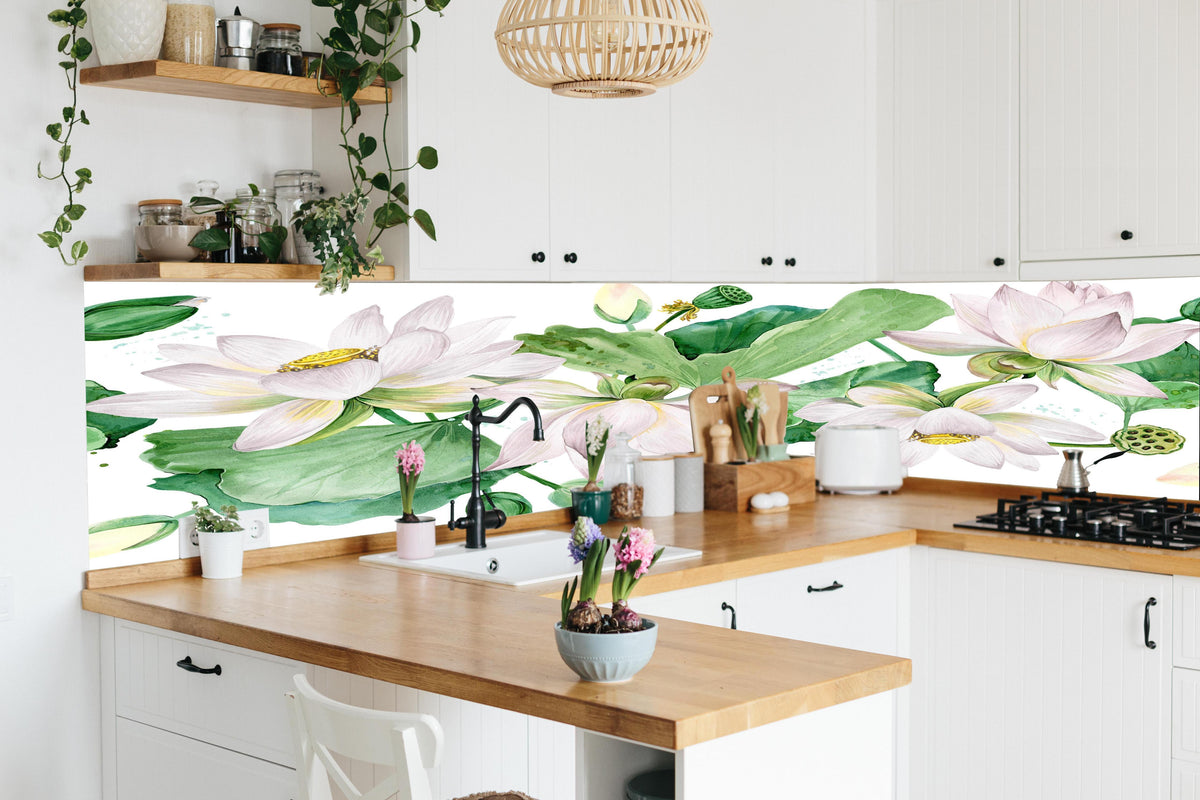 Küche - Weiße Lotusblumen - nahtlose Muster in lebendiger Küche mit bunten Blumen
