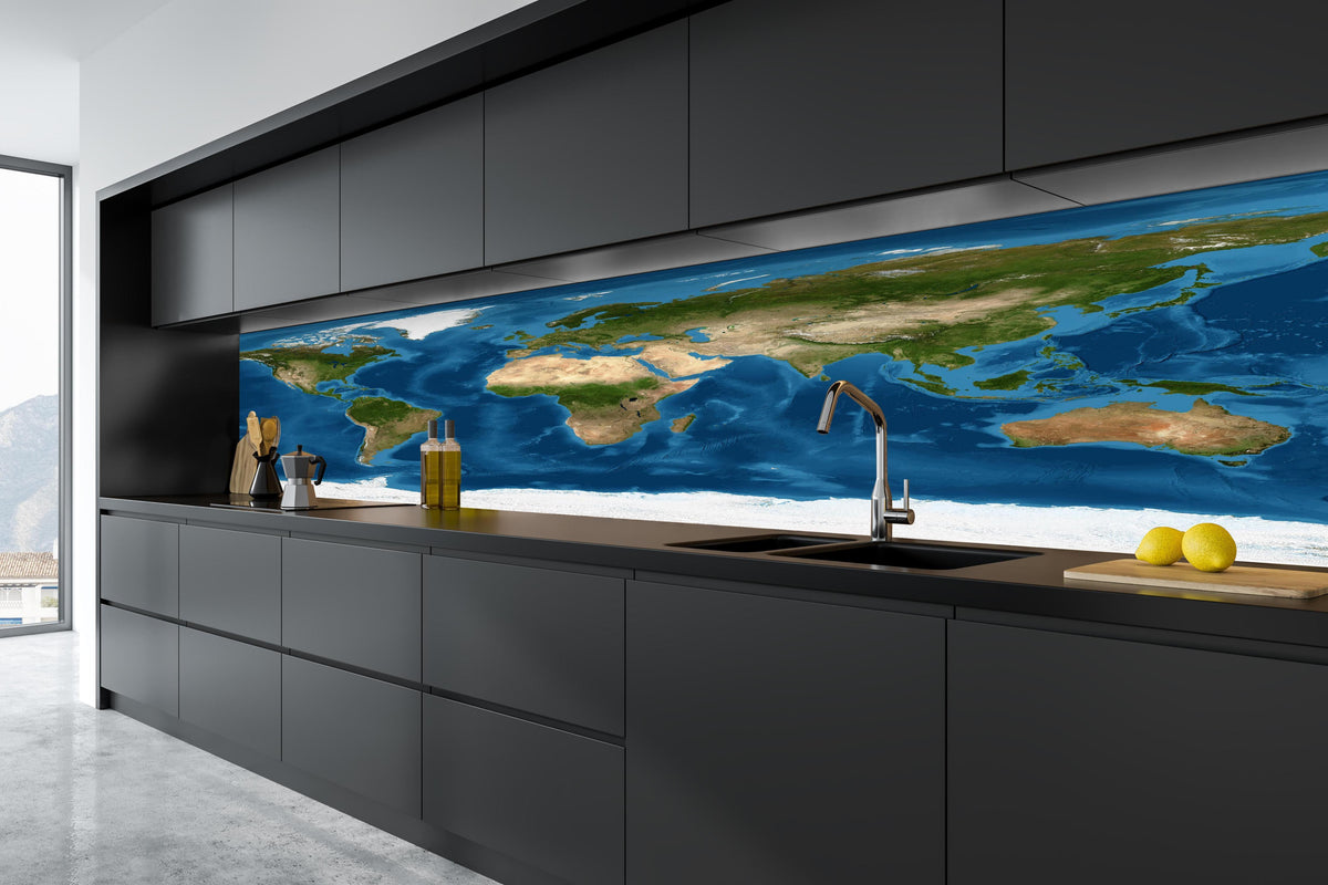 Küche - Weltkarte farbig in tiefschwarzer matt-premium Einbauküche