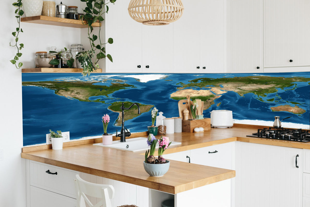 Küche - Weltkarte farbig in lebendiger Küche mit bunten Blumen