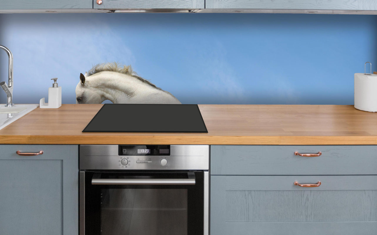 Küche - Wilder Araber-Hengst  über polierter Holzarbeitsplatte mit Cerankochfeld