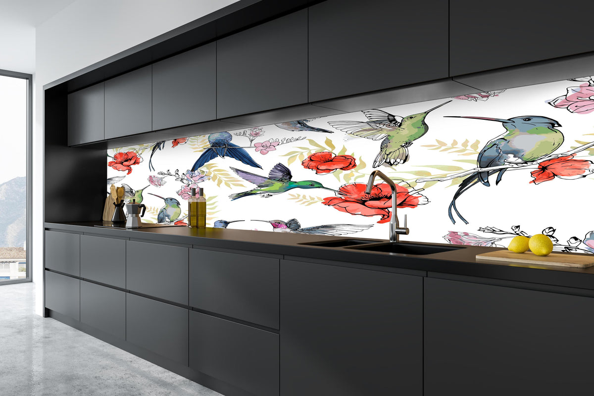Küche - Wunderschöne Kolibris in tiefschwarzer matt-premium Einbauküche