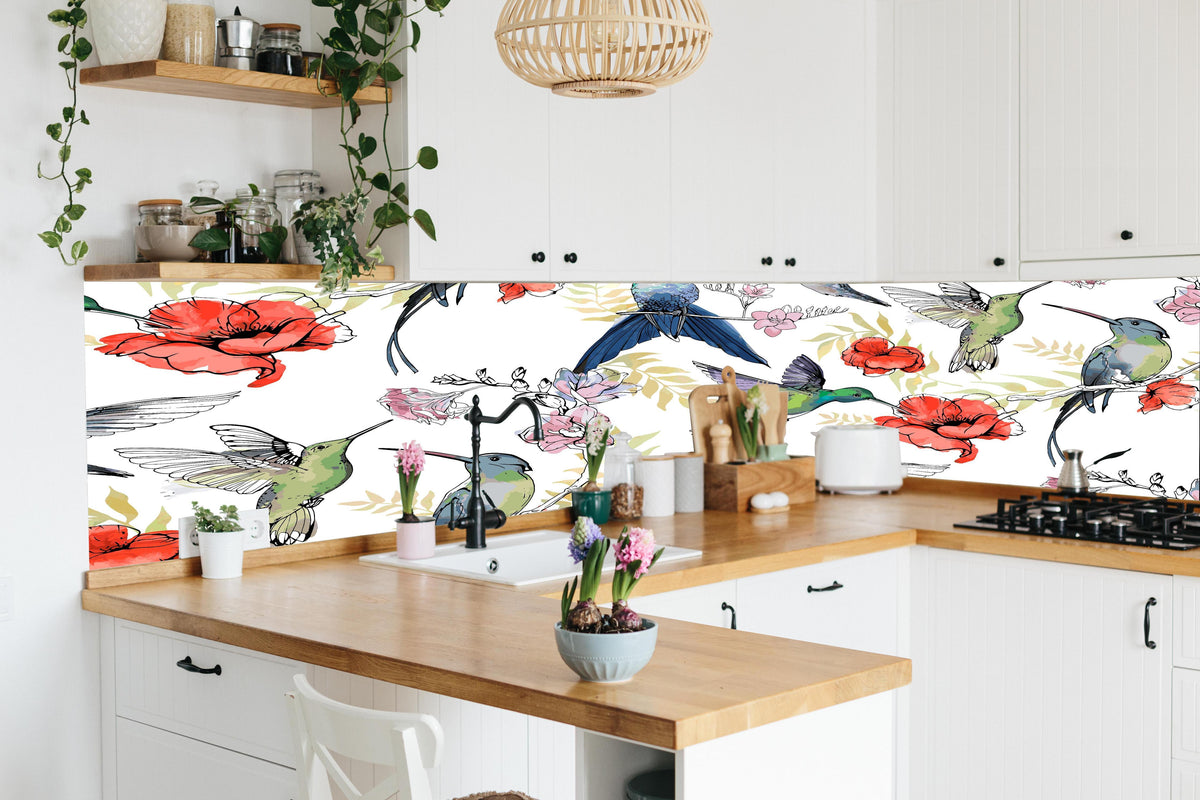 Küche - Wunderschöne Kolibris in lebendiger Küche mit bunten Blumen