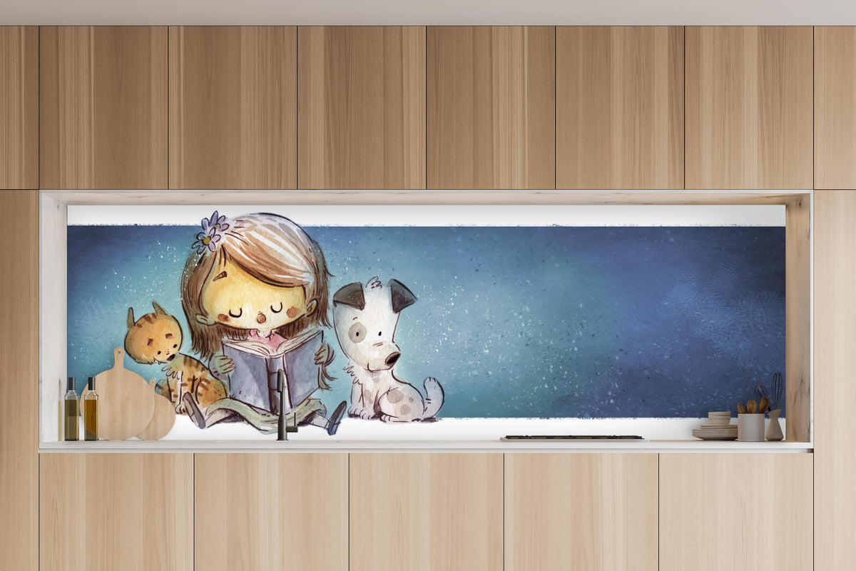 Küche - lesendes Mädchen mit Hund und Katze in charakteristischer Vollholz-Küche mit modernem Gasherd