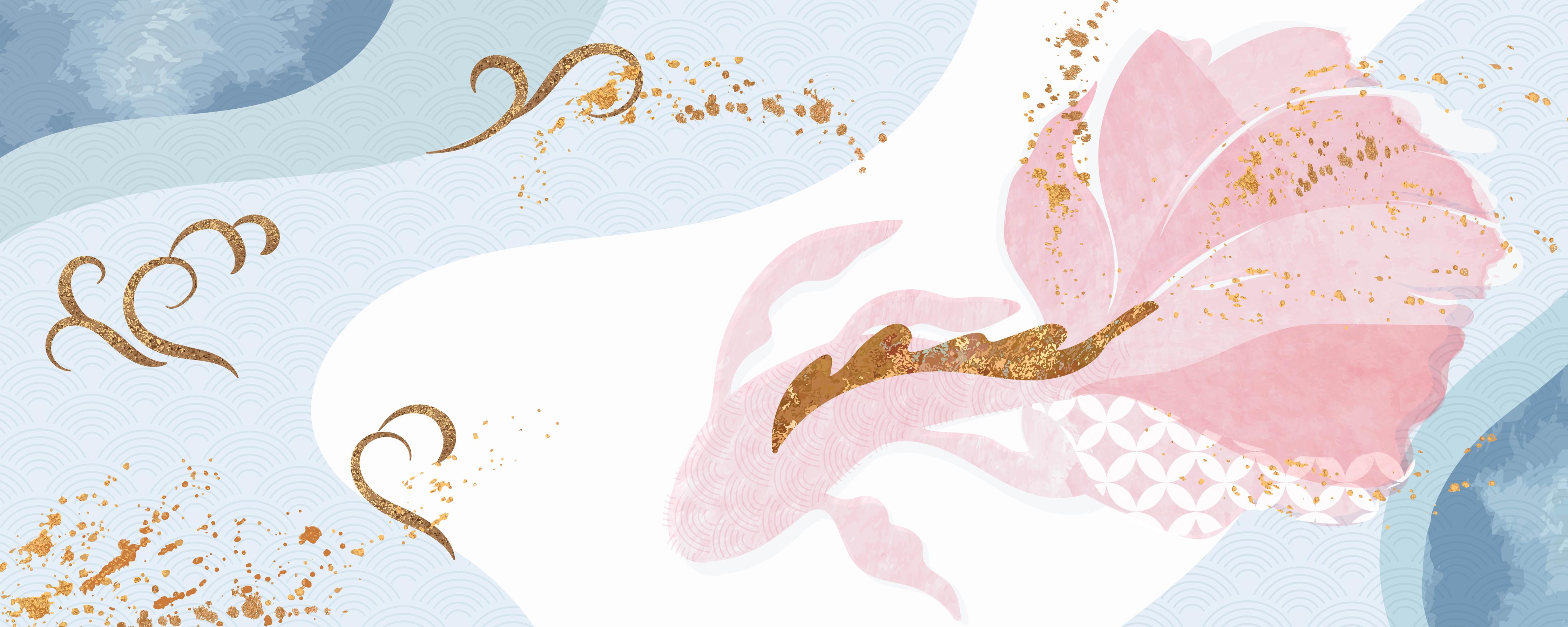 Küchenrückwand-Künstlerische Blütenillustration Gold und Blau