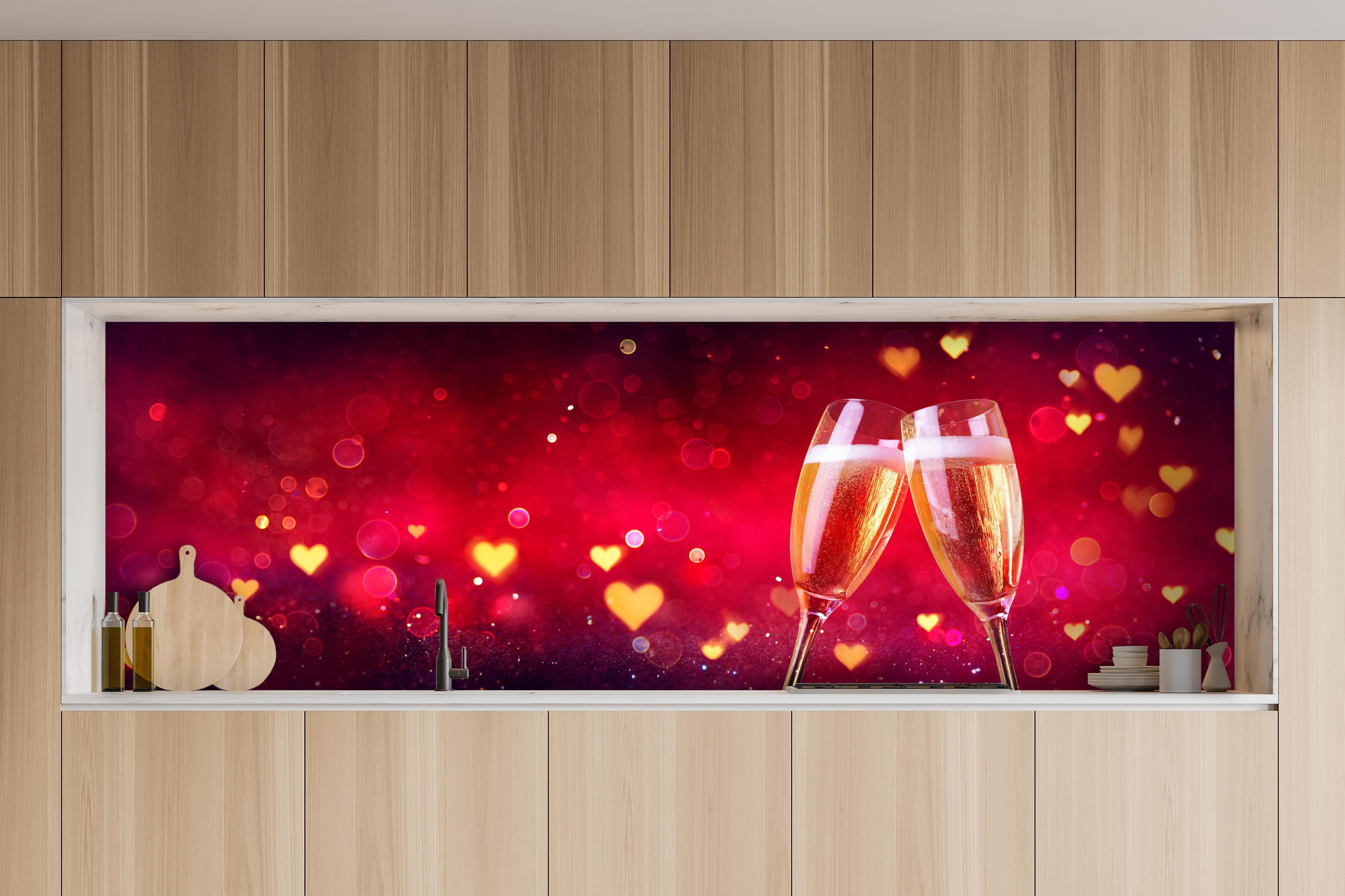 Küche - Liebevoller Anstoß hinter weißen Hochglanz-Küchenregalen und schwarzem Wasserhahn