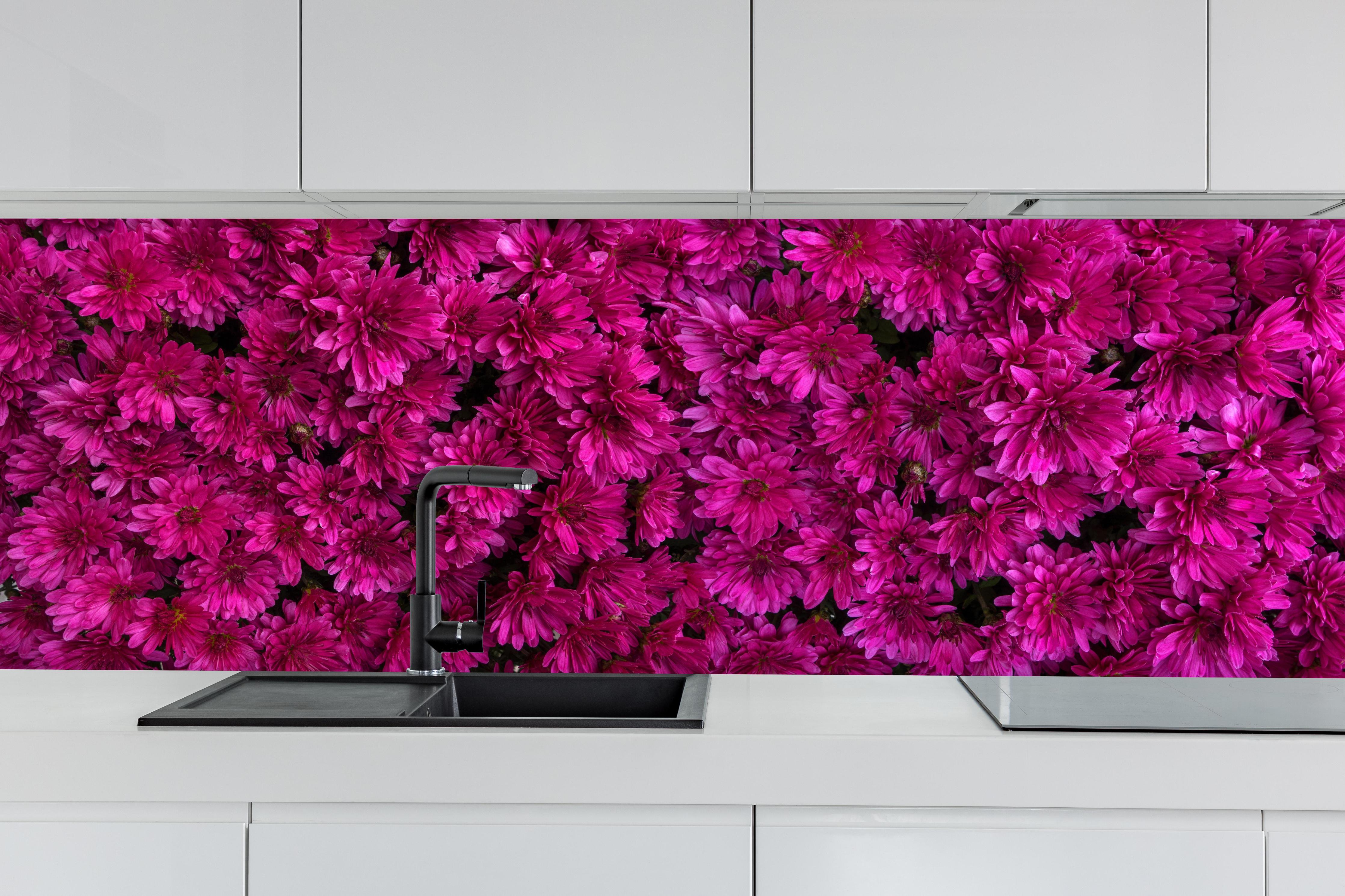 Küche - Magenta Blüten von Chrysanthemen hinter weißen Hochglanz-Küchenregalen und schwarzem Wasserhahn