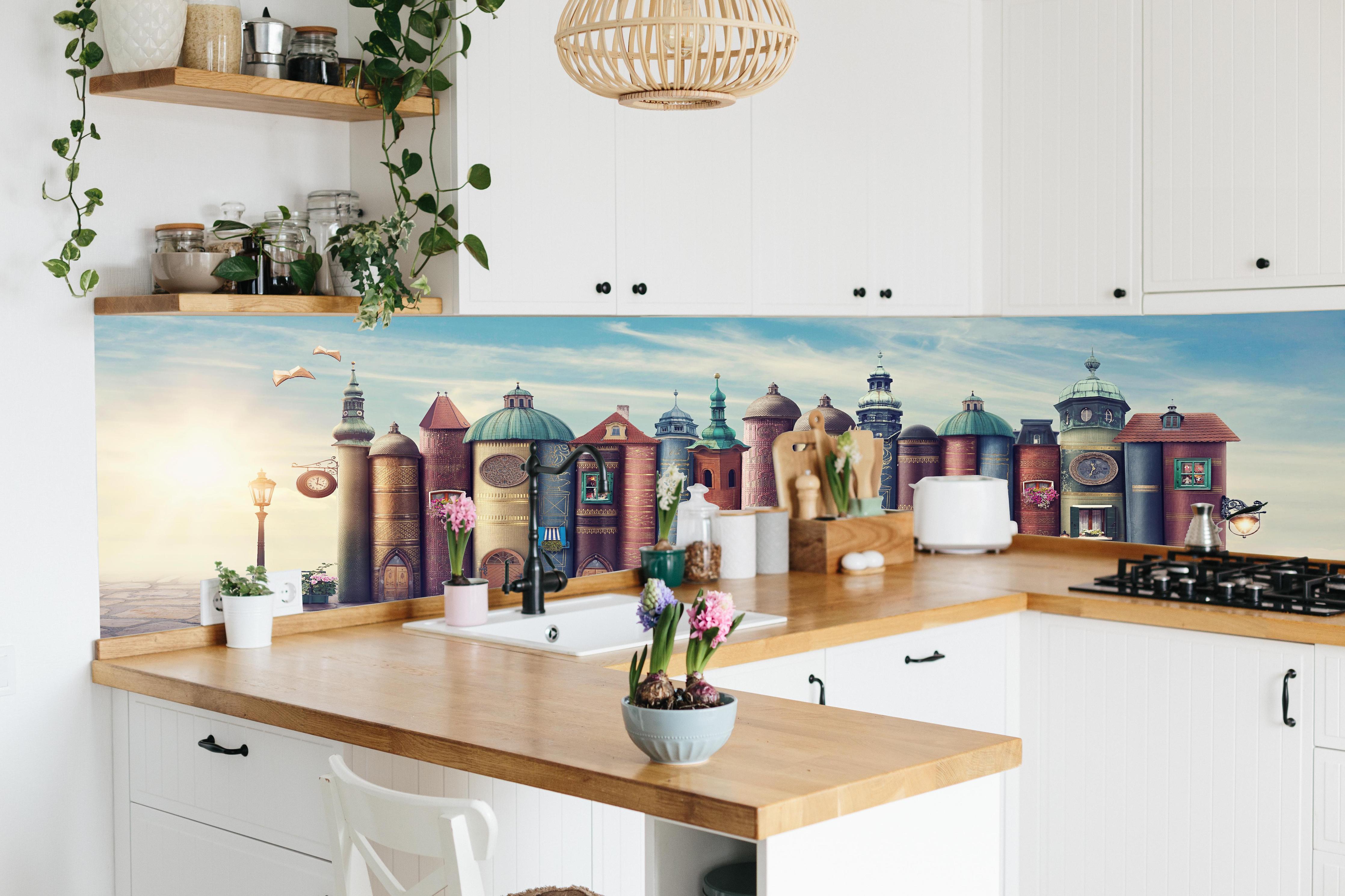 Küche - Magische Stadt aus Büchern hinter weißen Hochglanz-Küchenregalen und schwarzem Wasserhahn