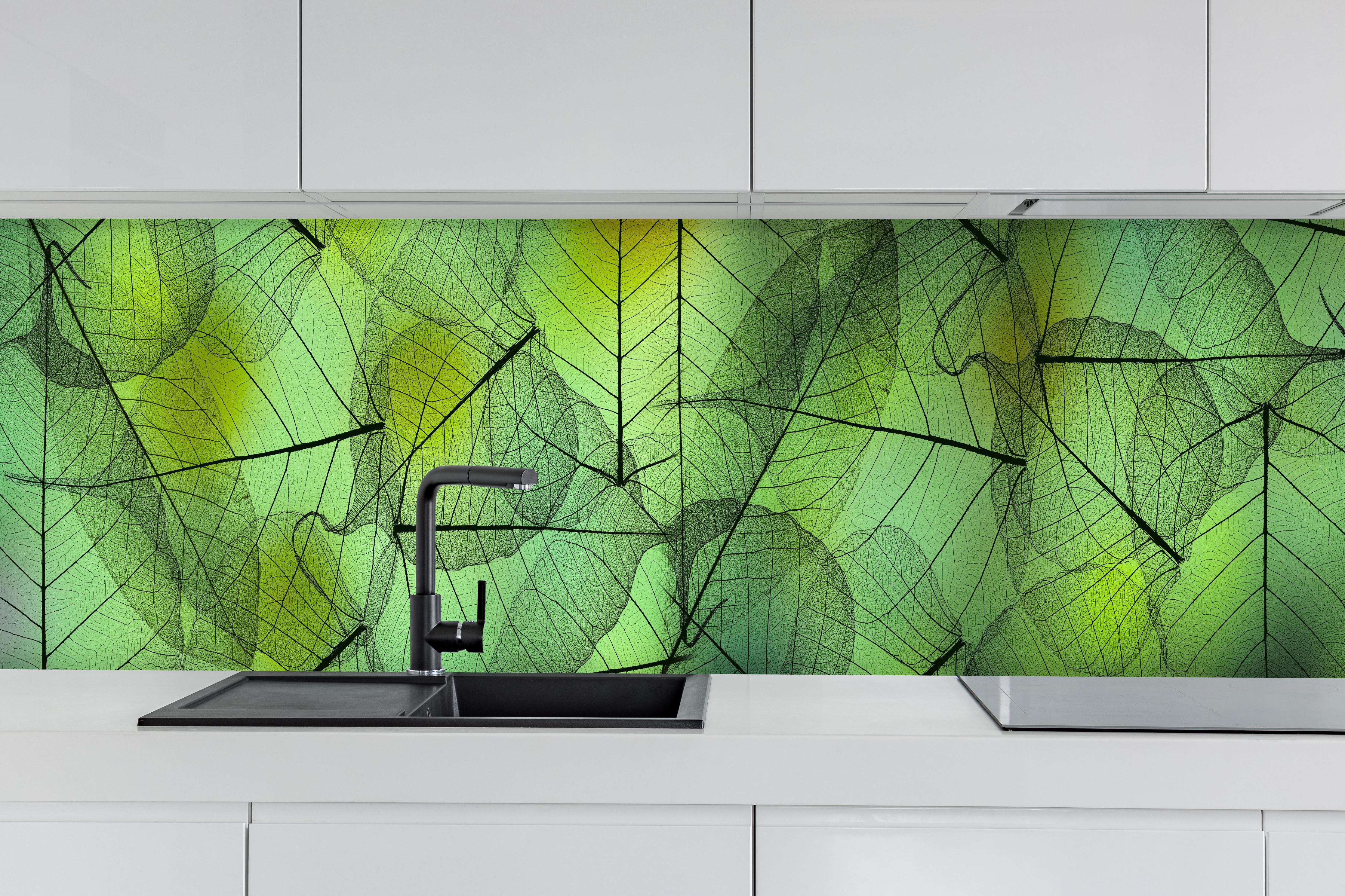 Küche - Makroaufnahme Blattadern in Grün und Gelb hinter weißen Hochglanz-Küchenregalen und schwarzem Wasserhahn