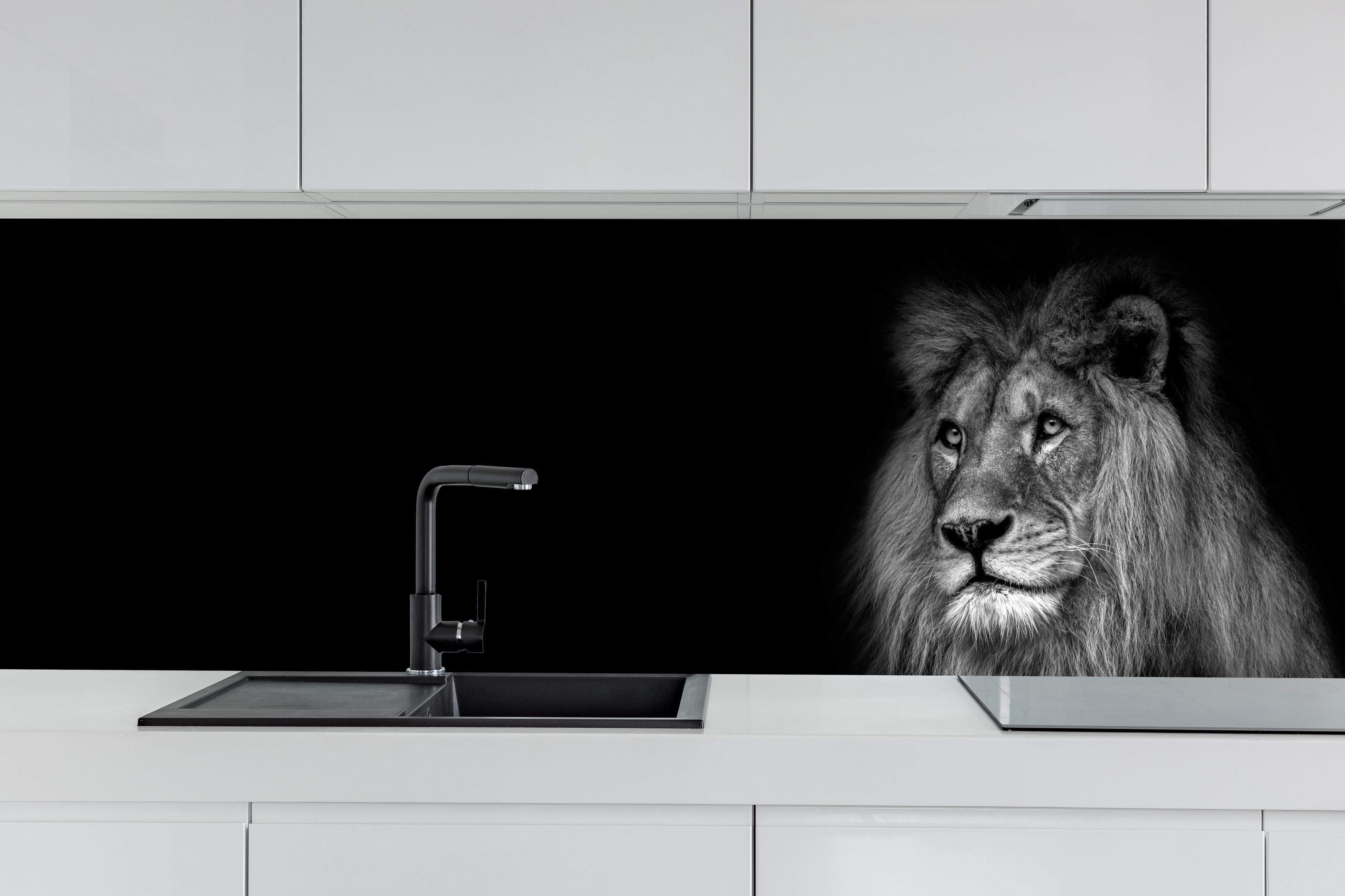 Küche - Markantes Löwen Gesicht Schwarz-Weiß hinter weißen Hochglanz-Küchenregalen und schwarzem Wasserhahn