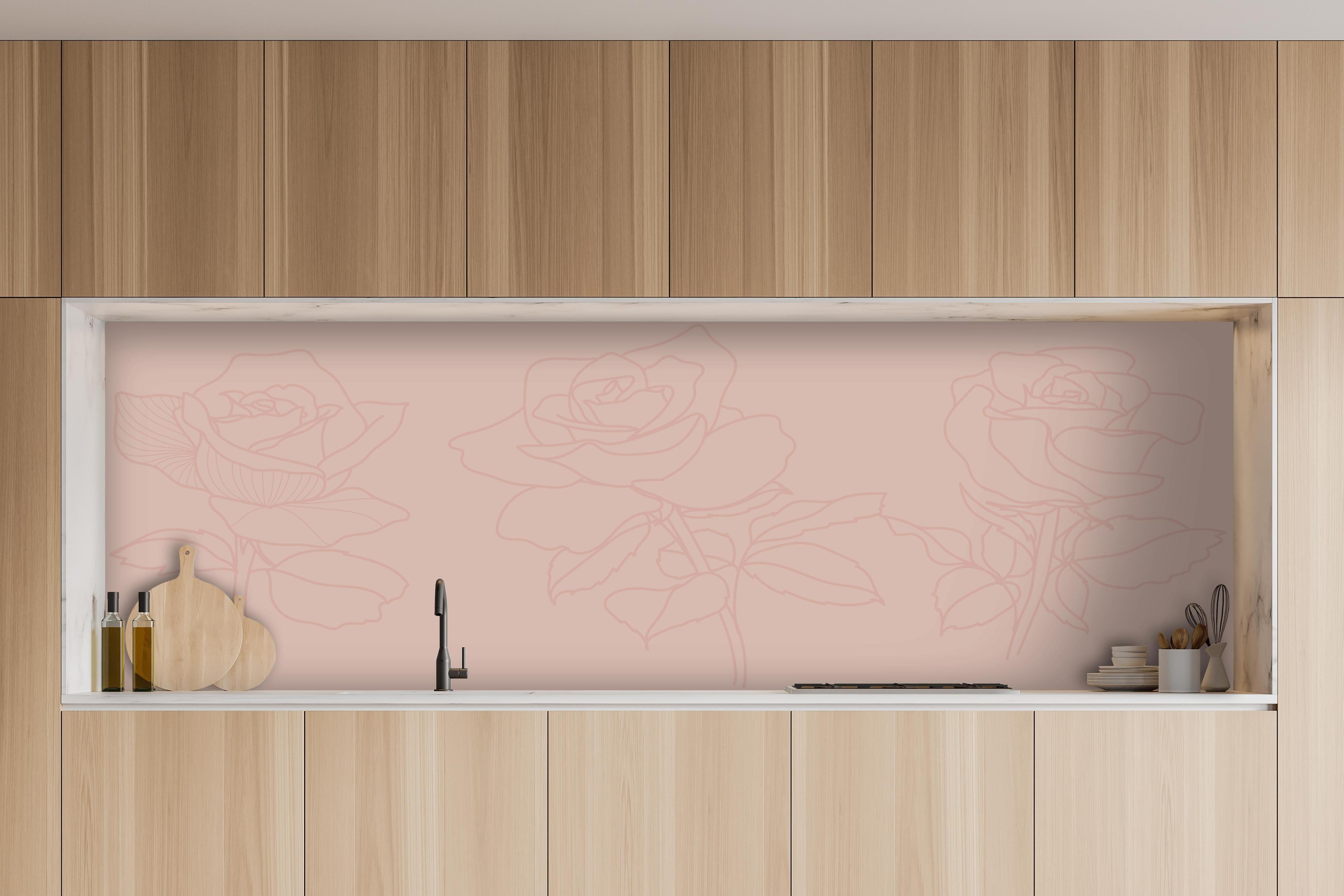Küche - Minimalistische Rosa Linienrosen Illustration hinter weißen Hochglanz-Küchenregalen und schwarzem Wasserhahn
