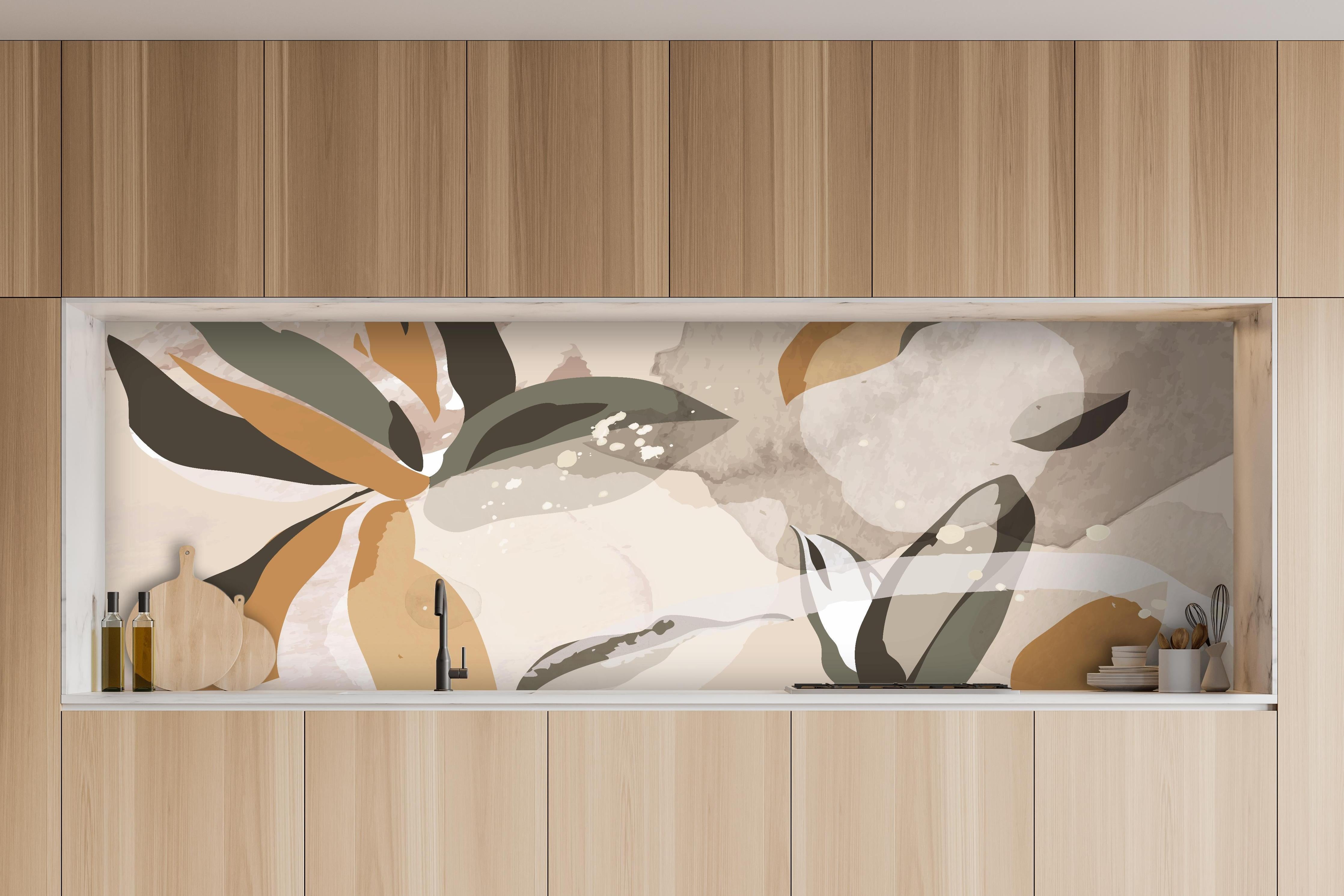 Küche - Moderne Abstrakte Illustration in Beige hinter weißen Hochglanz-Küchenregalen und schwarzem Wasserhahn