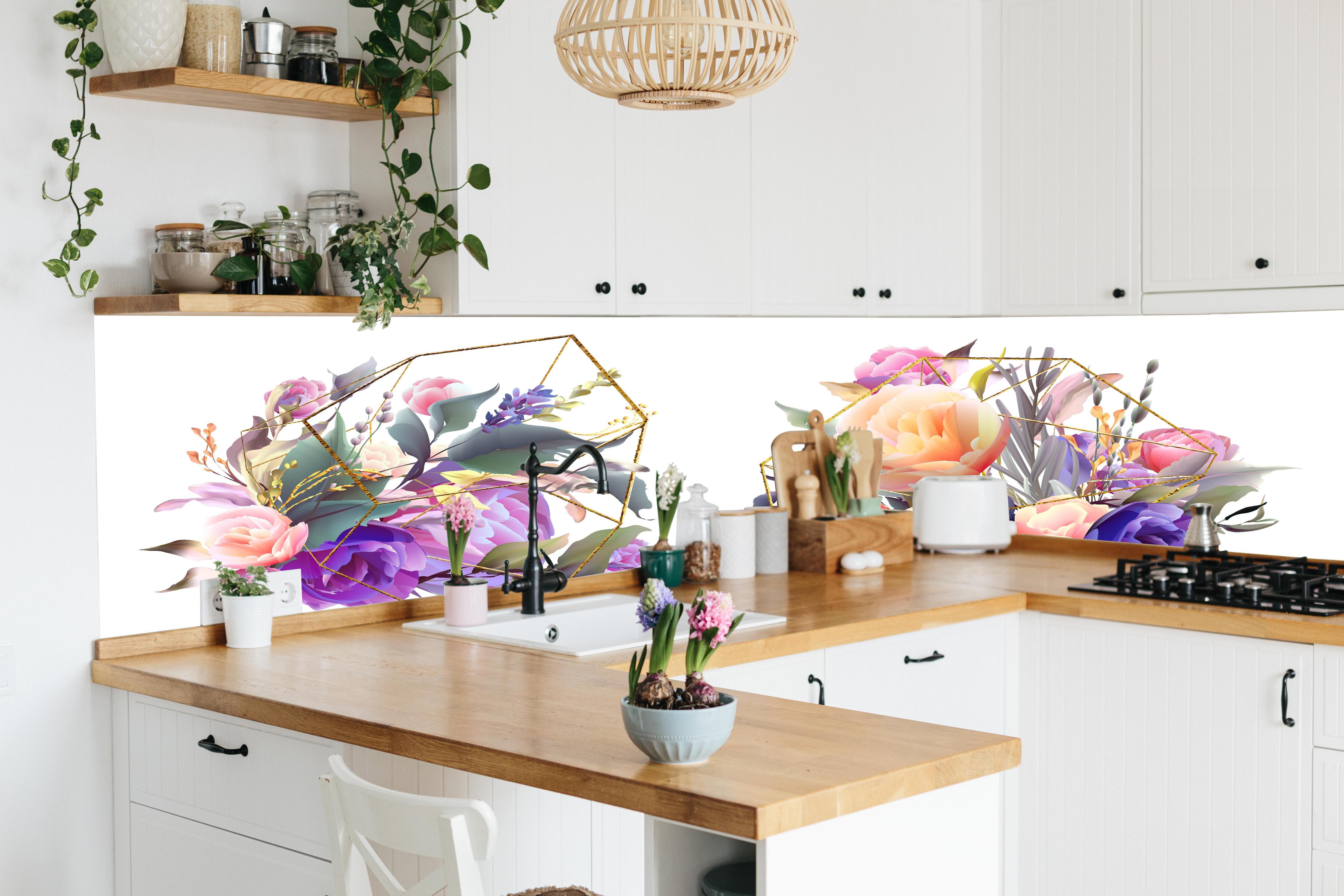 Küche - Moderne Blumenkunst mit geometrischem Stil hinter weißen Hochglanz-Küchenregalen und schwarzem Wasserhahn