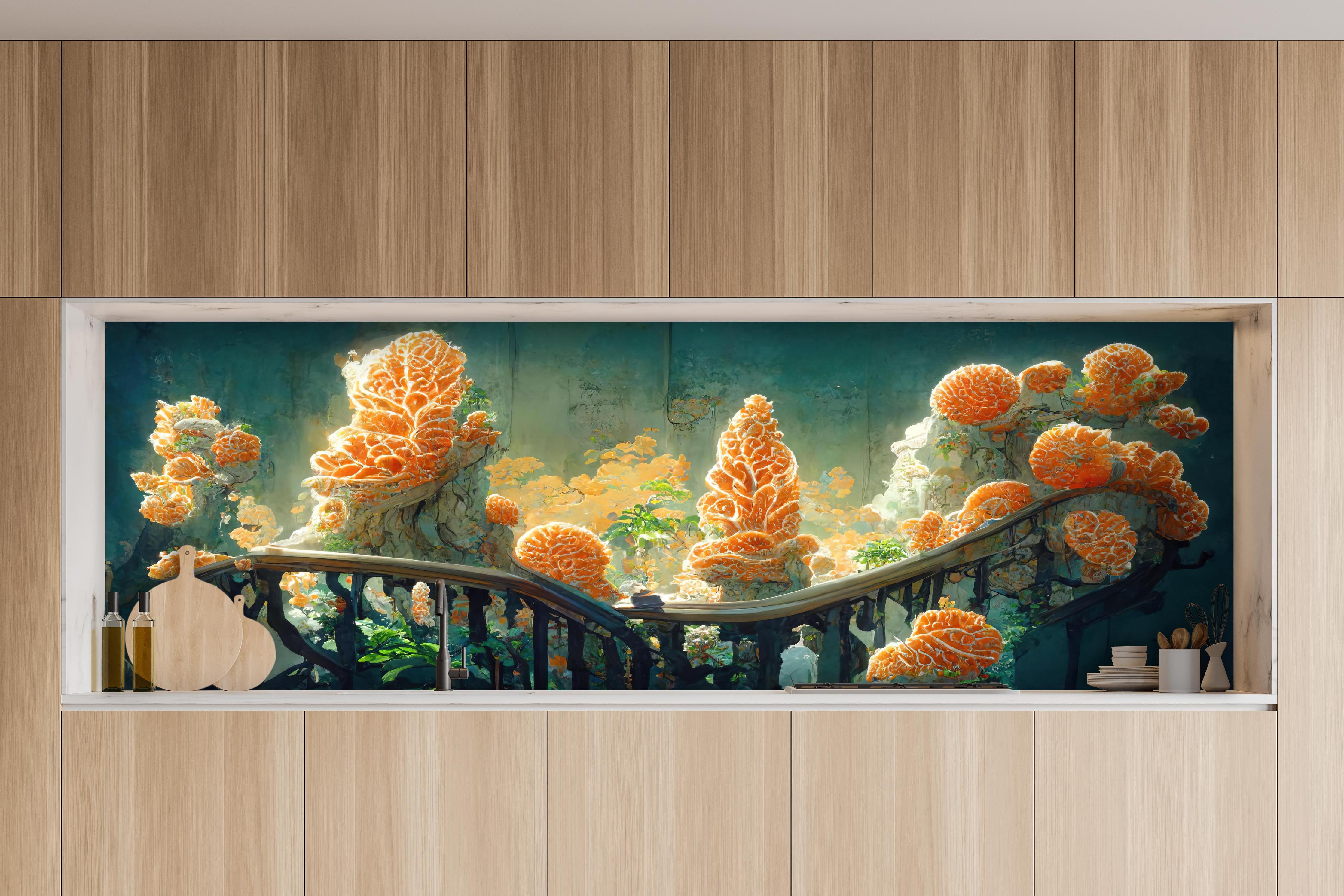 Küche - Moderne Kunst - Kakteen hinter weißen Hochglanz-Küchenregalen und schwarzem Wasserhahn