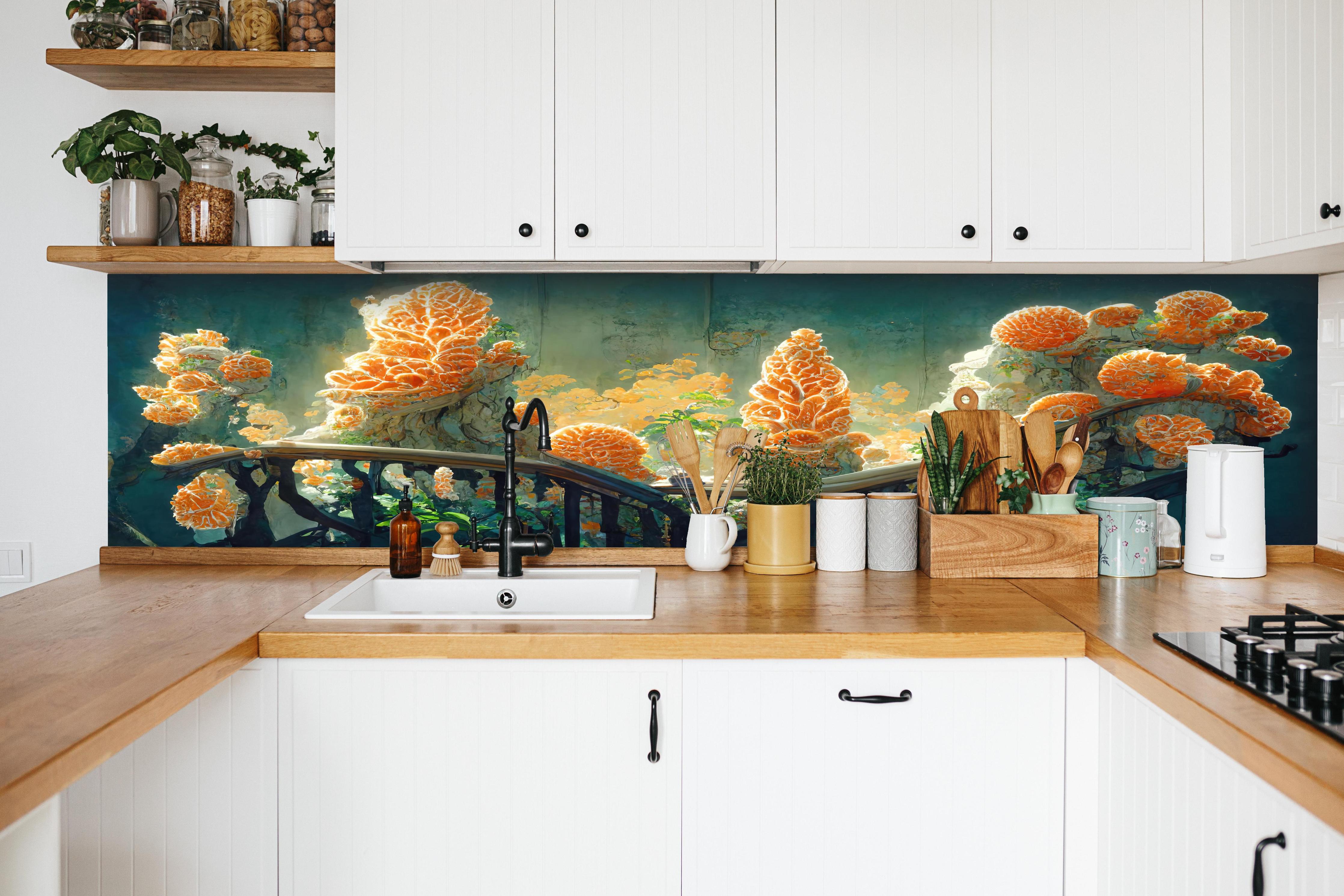 Küche - Moderne Kunst - Kakteen hinter weißen Hochglanz-Küchenregalen und schwarzem Wasserhahn