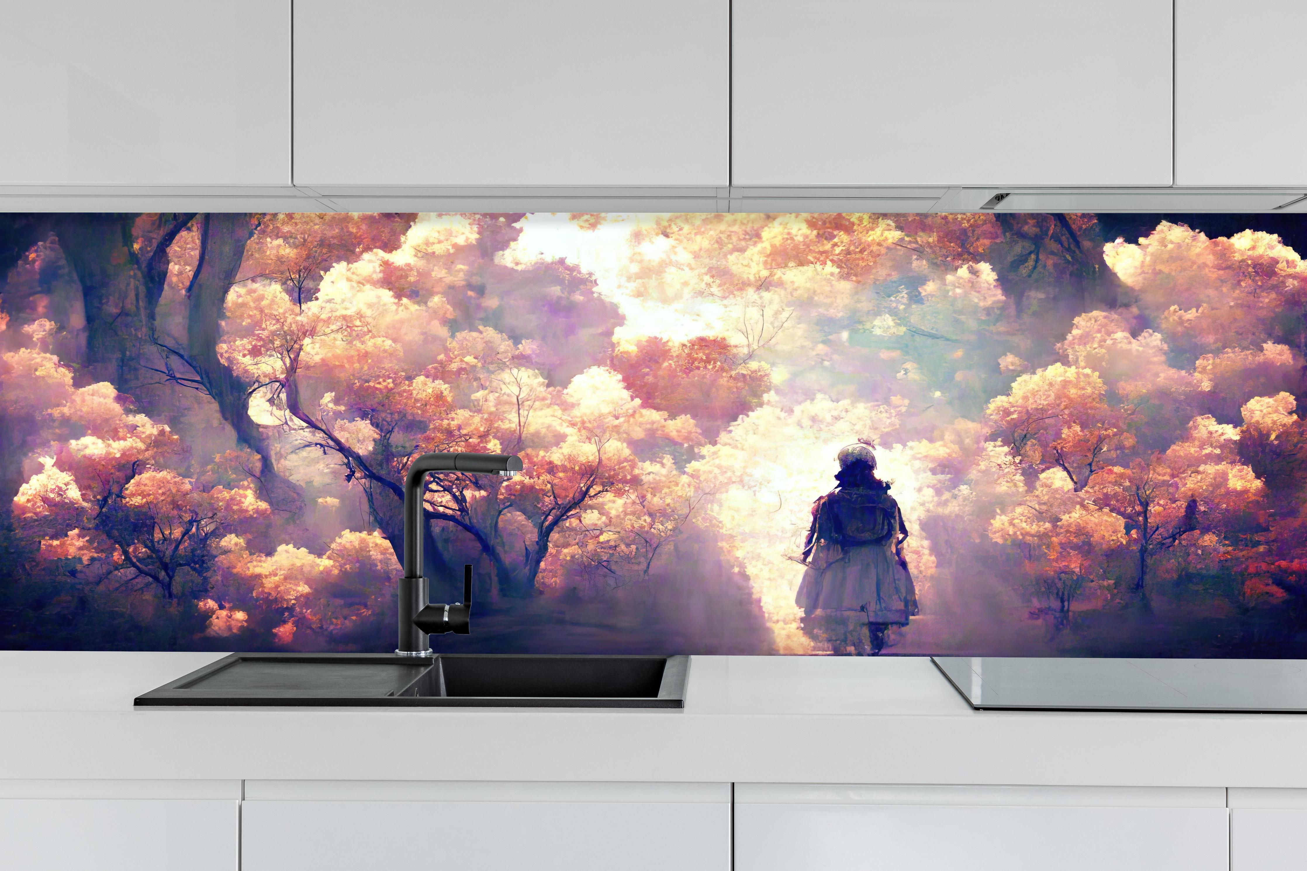 Küche - Moderne Kunst - Person in den Wäldern hinter weißen Hochglanz-Küchenregalen und schwarzem Wasserhahn