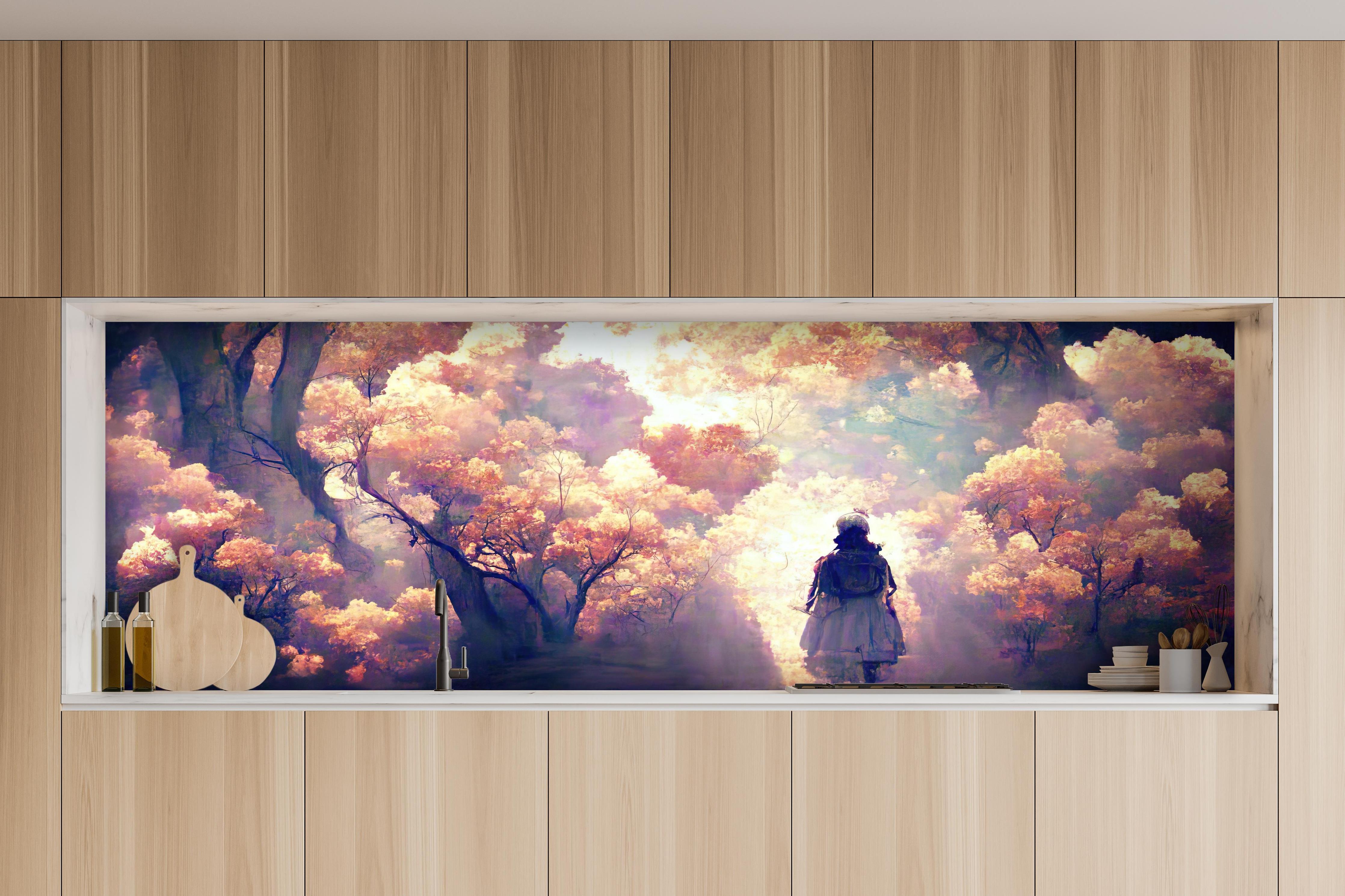 Küche - Moderne Kunst - Person in den Wäldern hinter weißen Hochglanz-Küchenregalen und schwarzem Wasserhahn