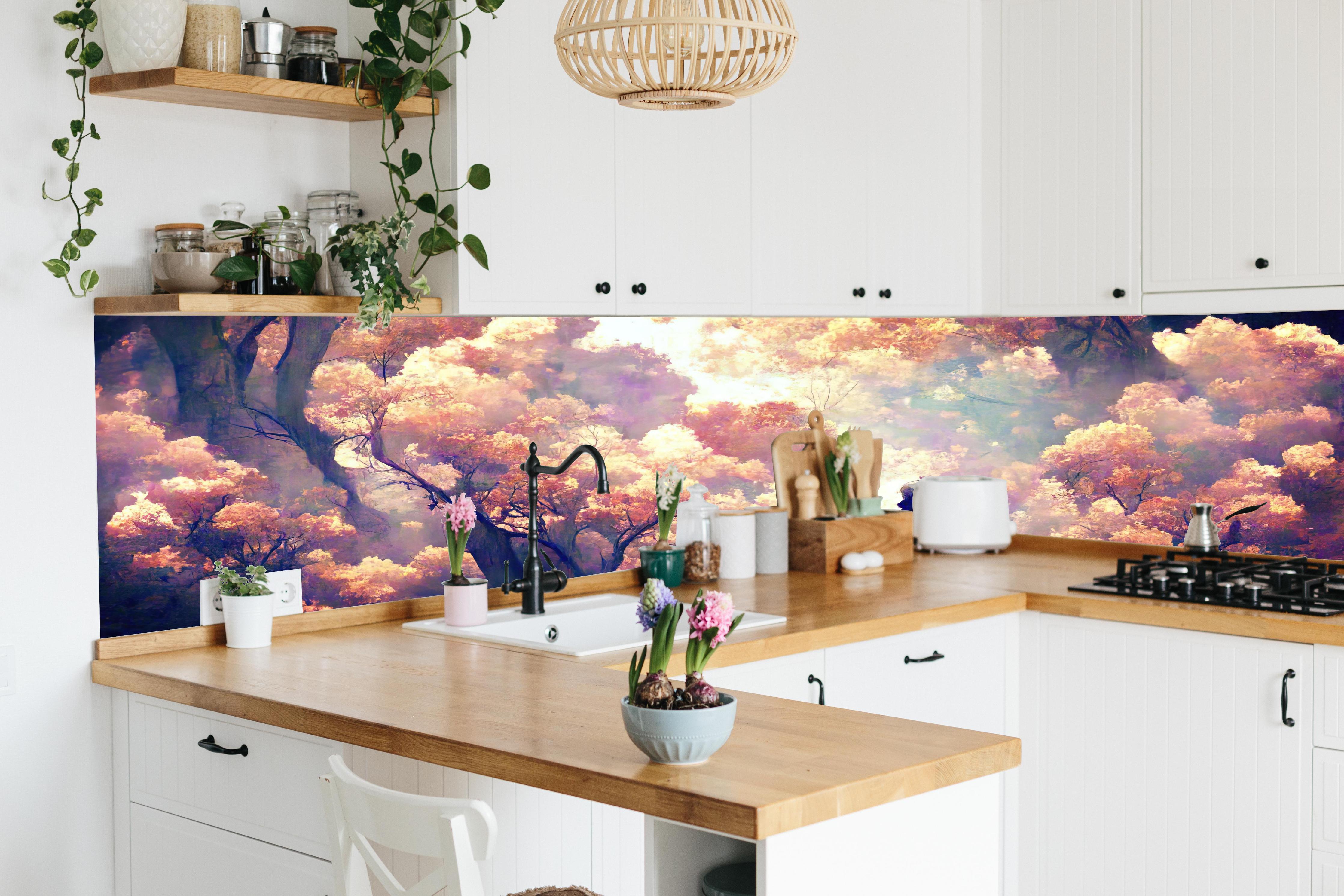 Küche - Moderne Kunst - Person in den Wäldern hinter weißen Hochglanz-Küchenregalen und schwarzem Wasserhahn