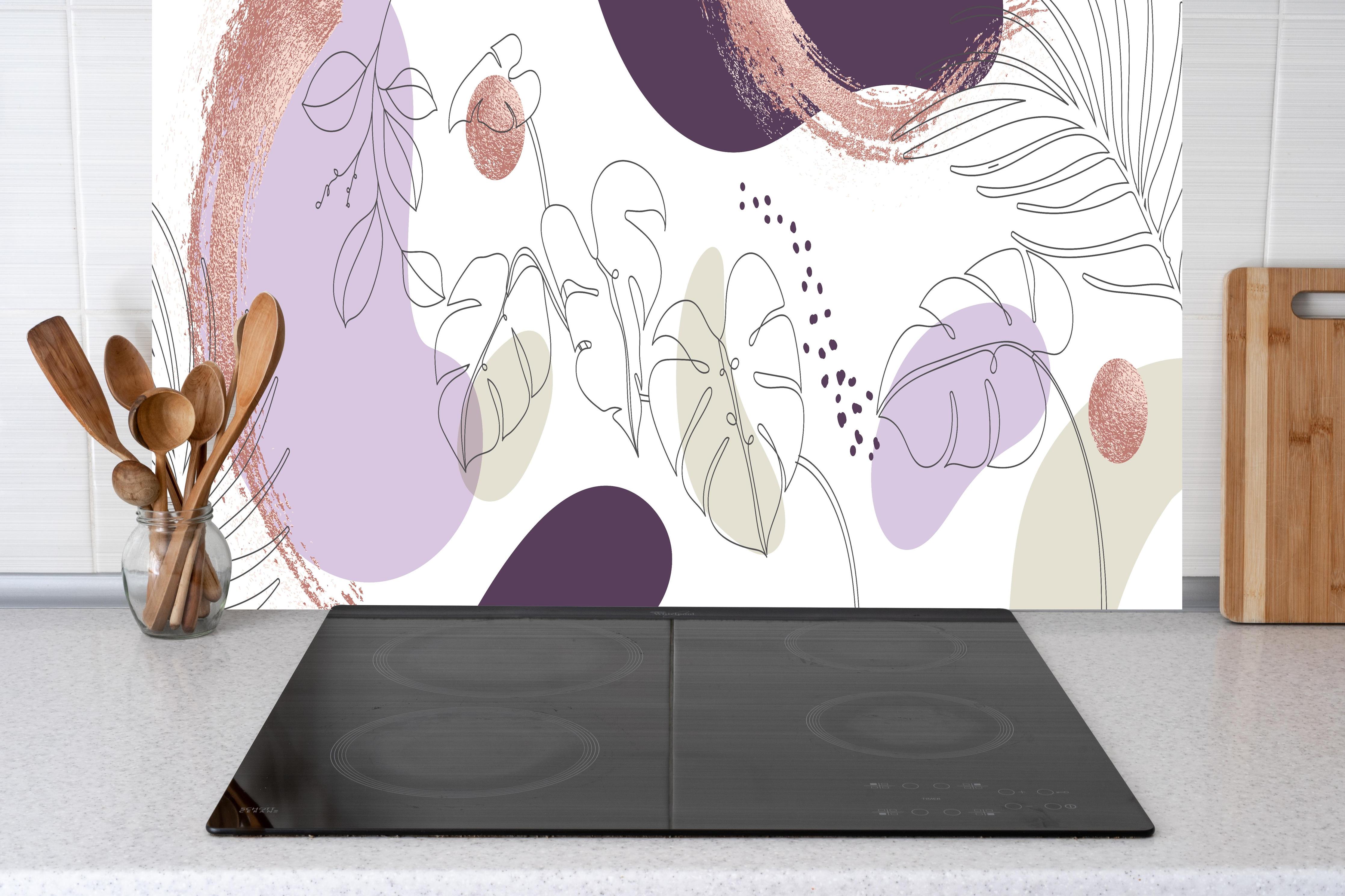 Küche - Moderne Pastellfarben Illustration Kunstdruck hinter weißen Hochglanz-Küchenregalen und schwarzem Wasserhahn