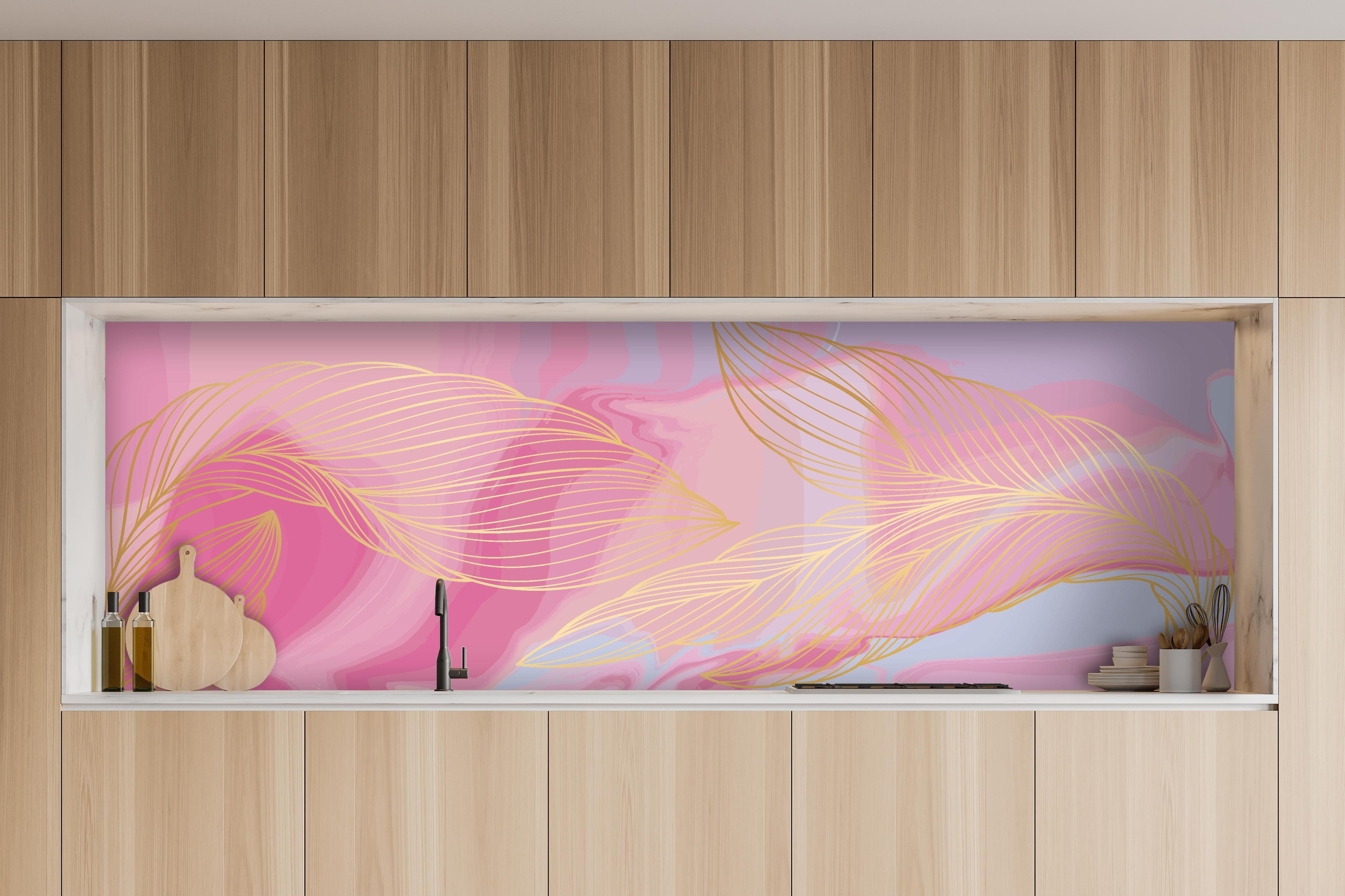 Küche - Moderne Rosa und Gelbe Wellenlinien Kunst hinter weißen Hochglanz-Küchenregalen und schwarzem Wasserhahn