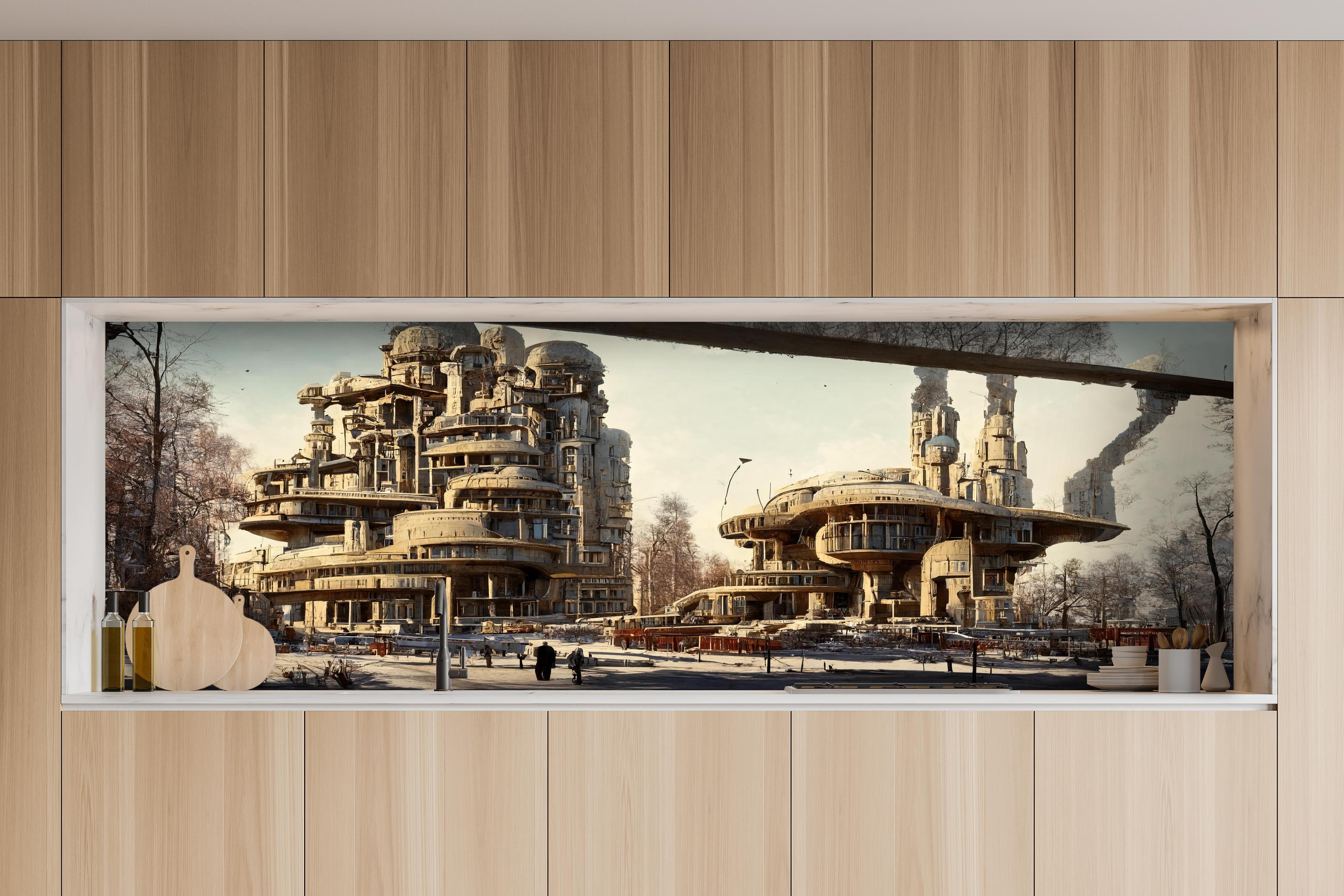 Küche - Moderne Stadt in der Zukunft hinter weißen Hochglanz-Küchenregalen und schwarzem Wasserhahn