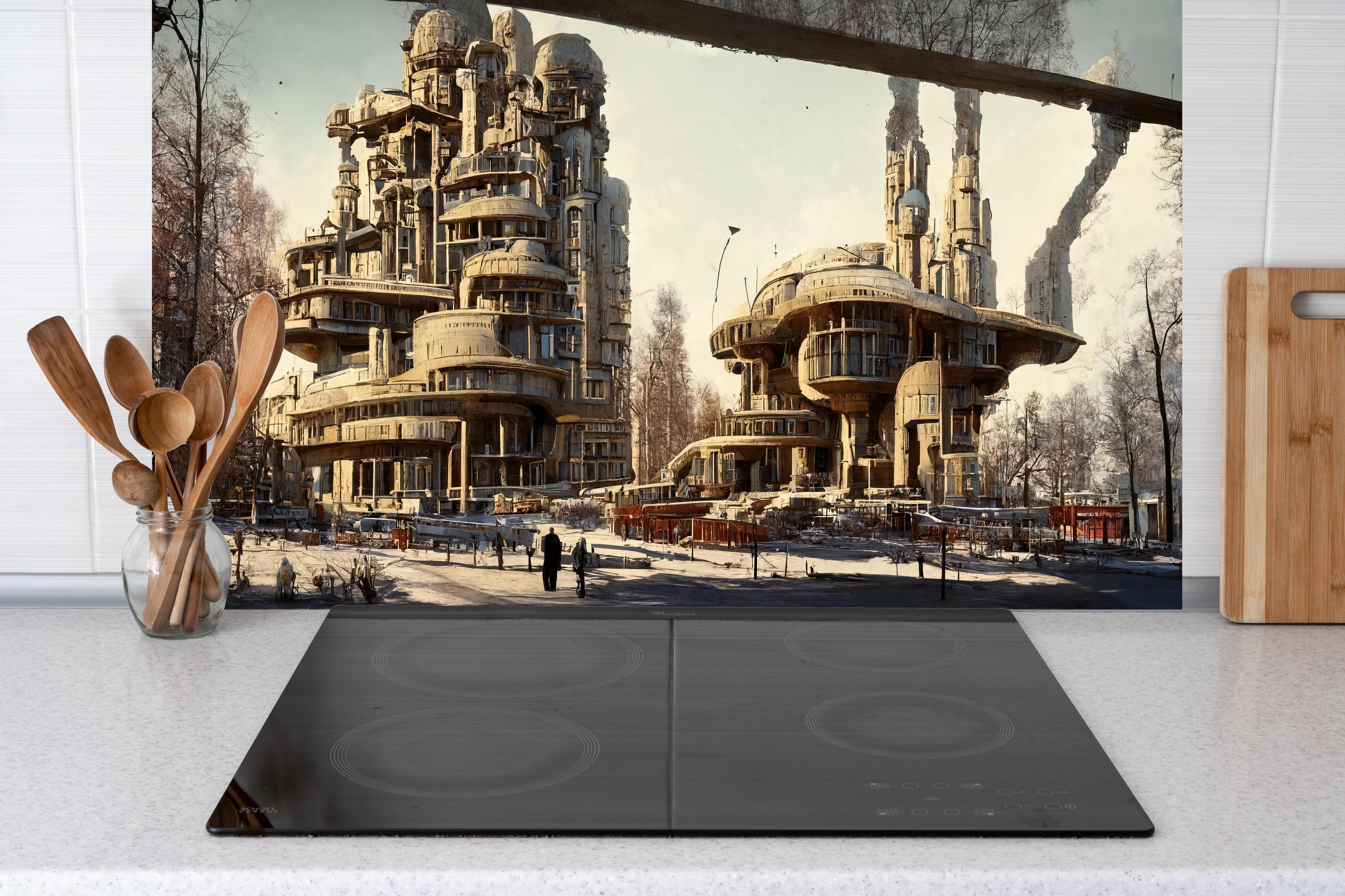 Küche - Moderne Stadt in der Zukunft hinter weißen Hochglanz-Küchenregalen und schwarzem Wasserhahn