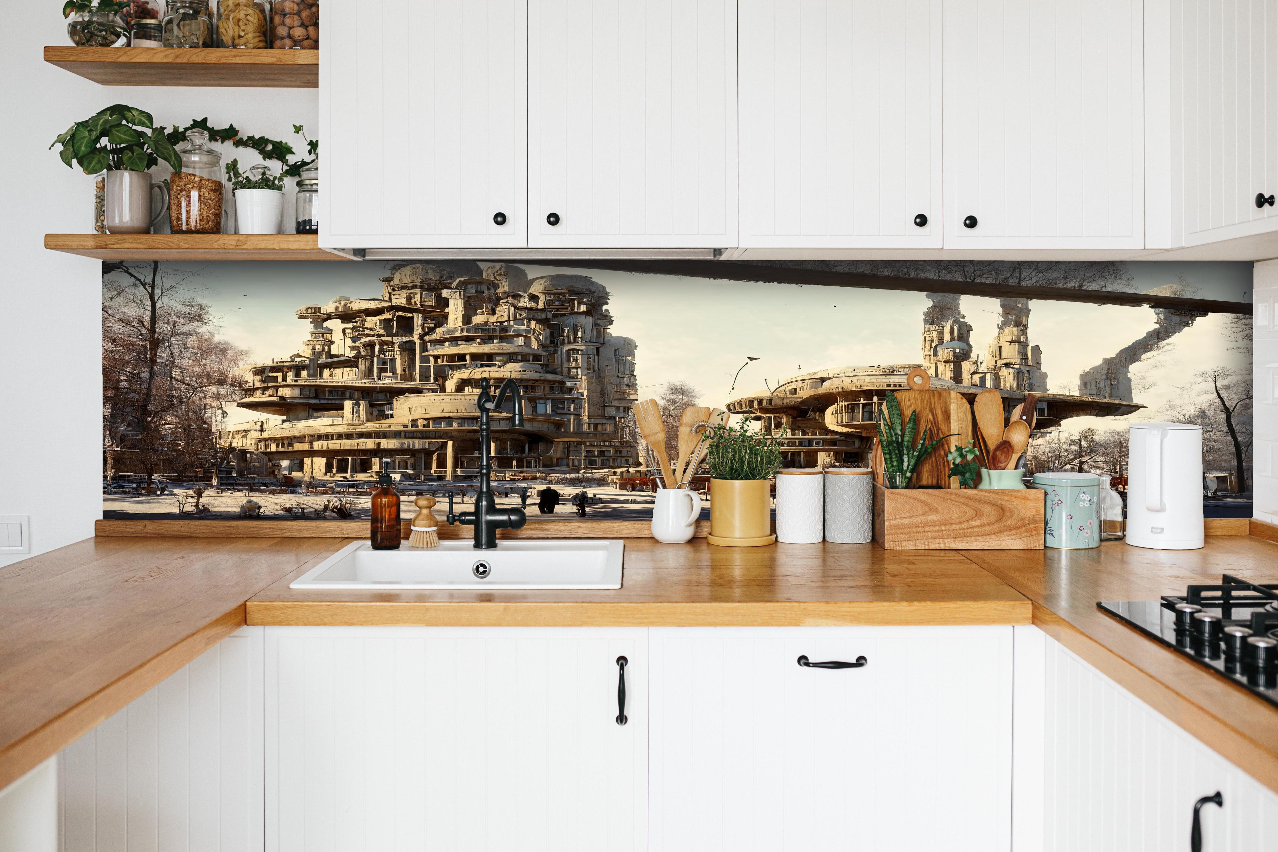 Küche - Moderne Stadt in der Zukunft hinter weißen Hochglanz-Küchenregalen und schwarzem Wasserhahn