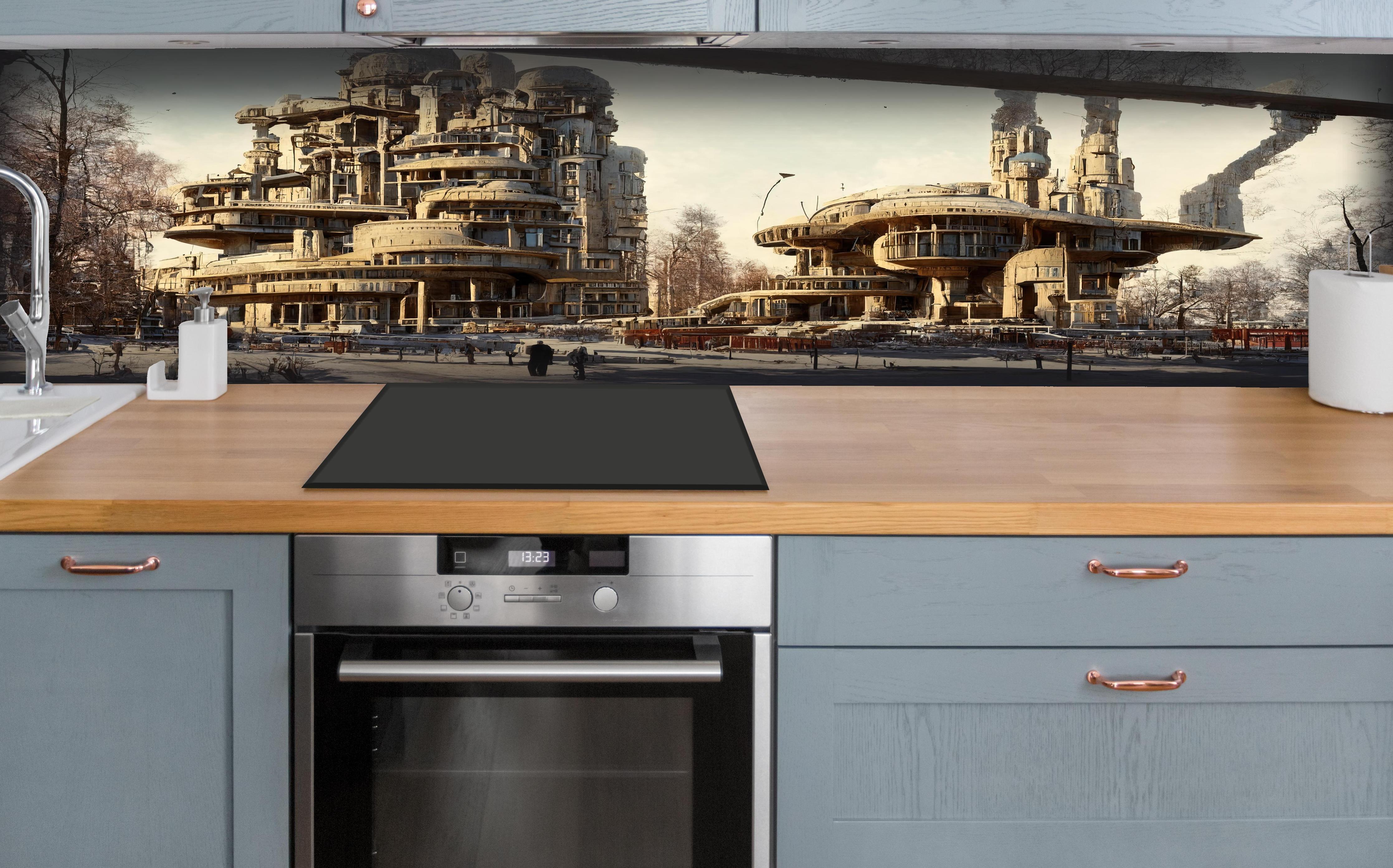 Küche - Moderne Stadt in der Zukunft hinter weißen Hochglanz-Küchenregalen und schwarzem Wasserhahn