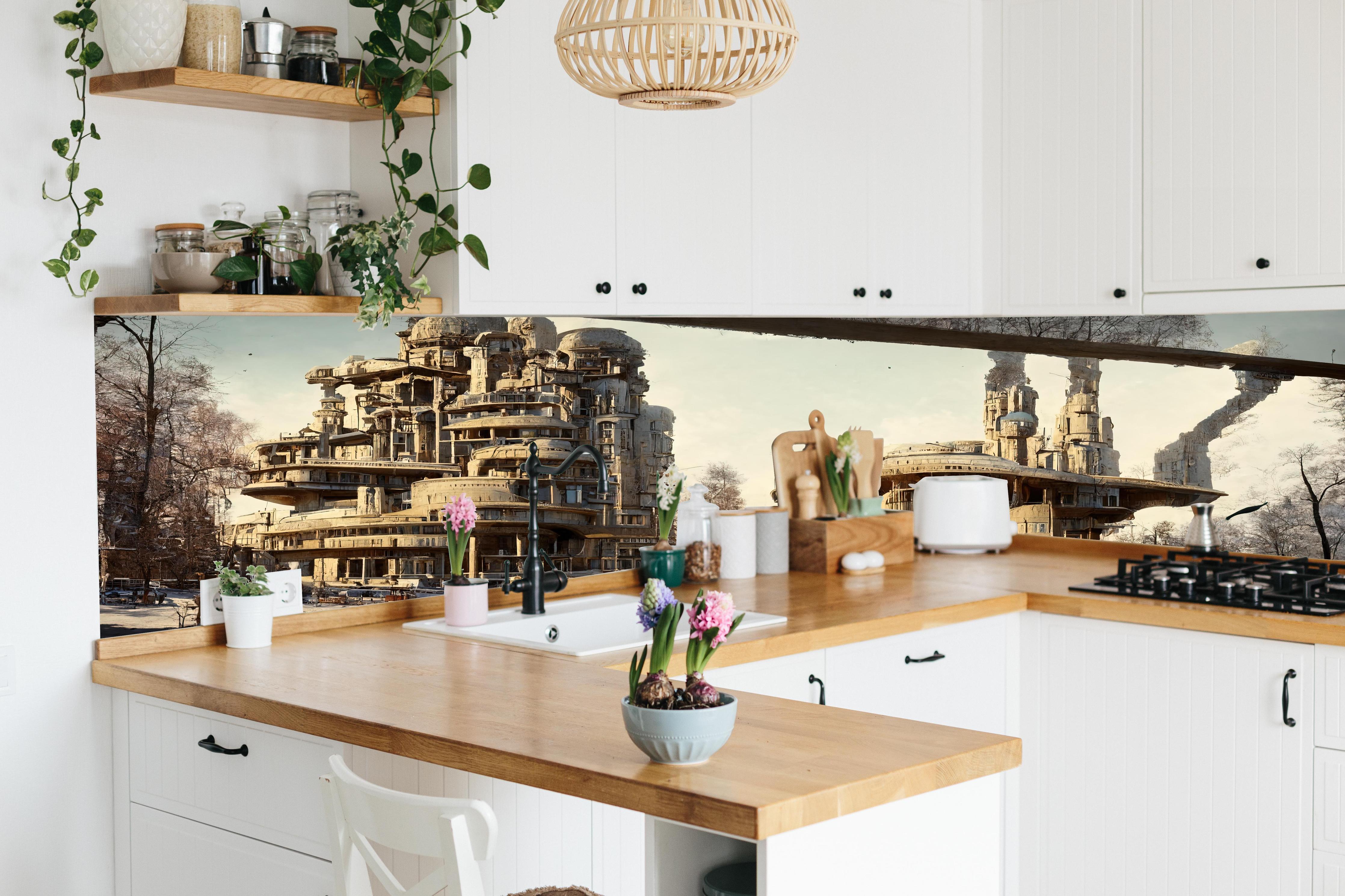 Küche - Moderne Stadt in der Zukunft hinter weißen Hochglanz-Küchenregalen und schwarzem Wasserhahn