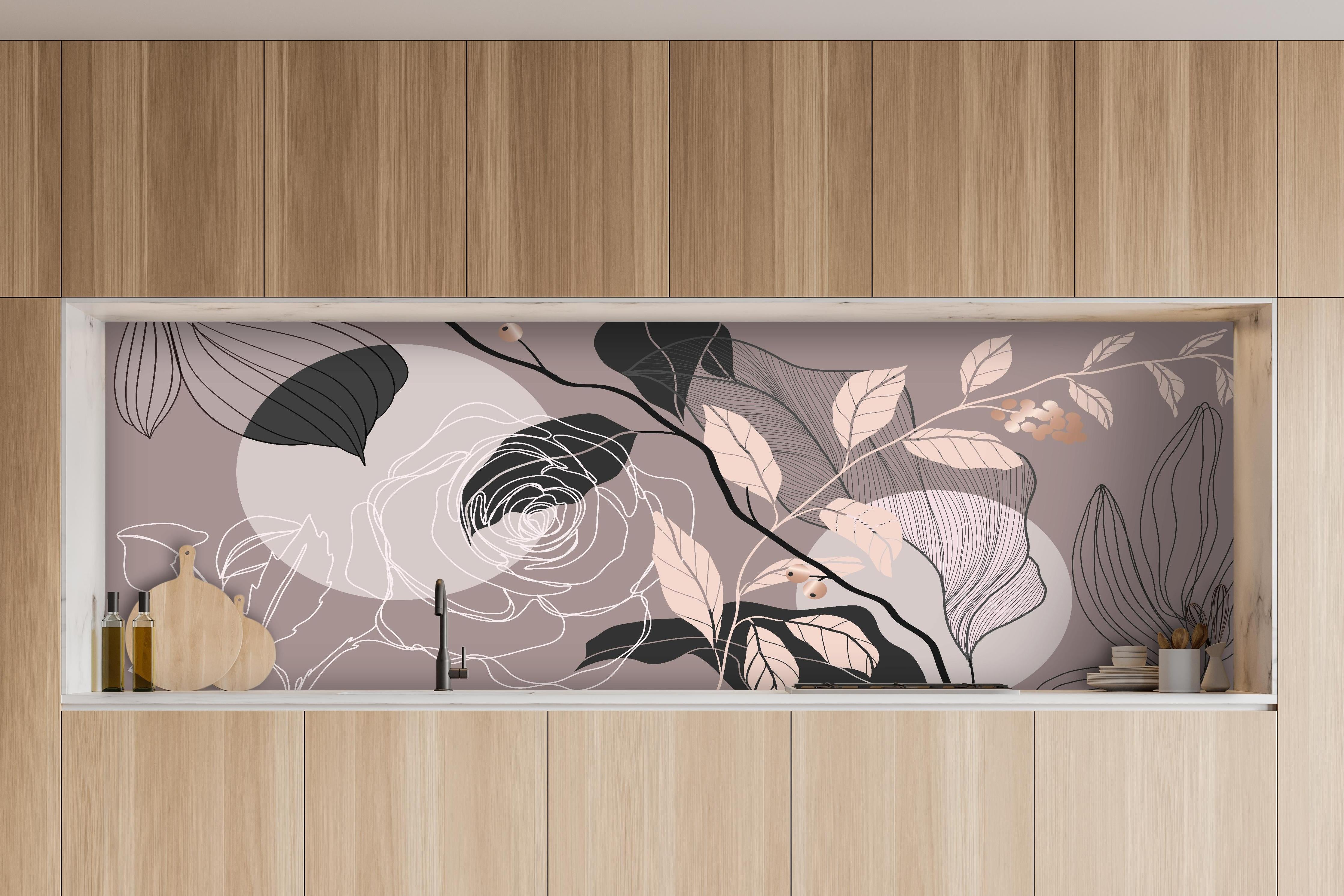 Küche - Moderne beige Blumen Linienkunst hinter weißen Hochglanz-Küchenregalen und schwarzem Wasserhahn
