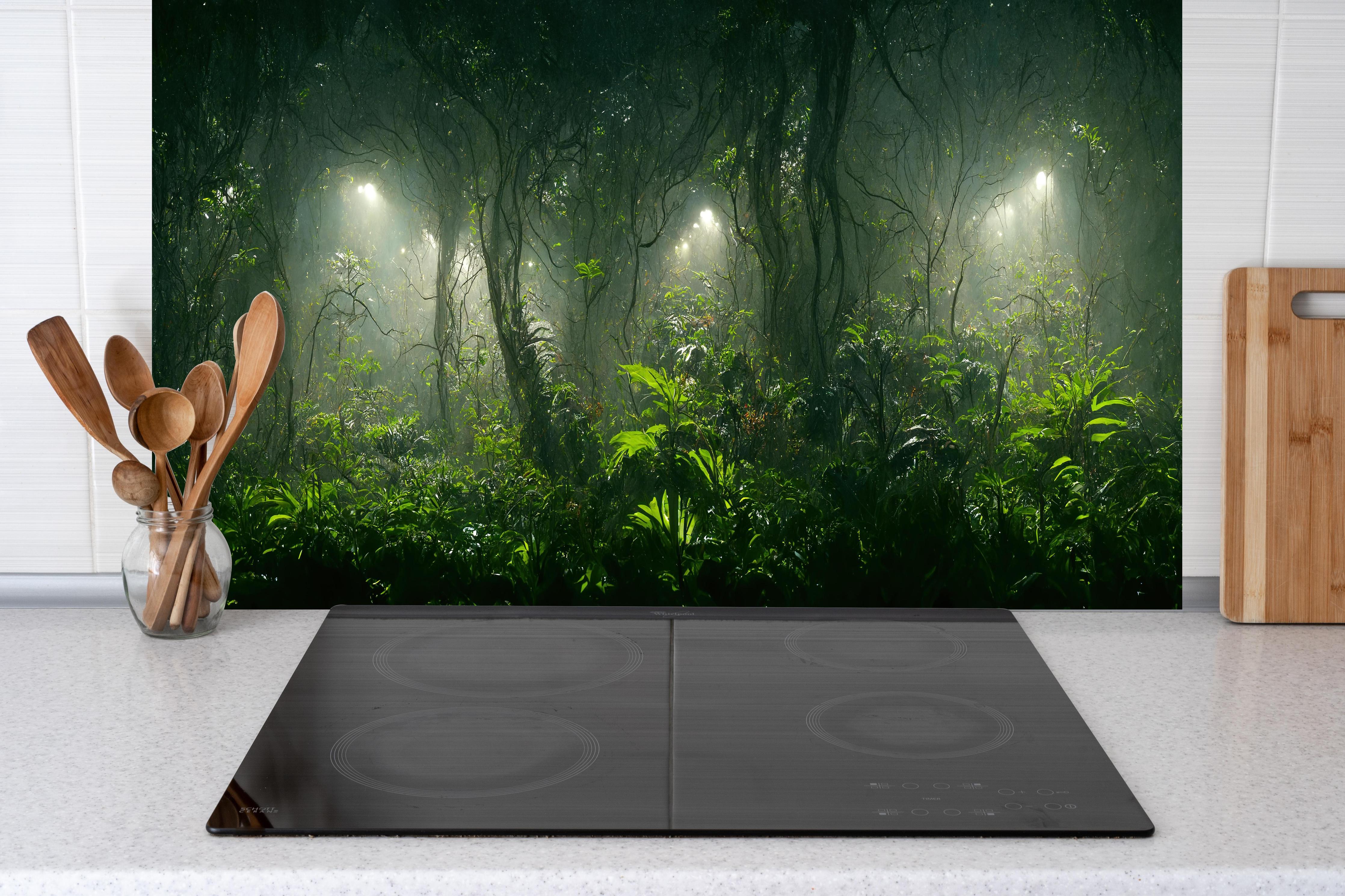 Küche - Nachtlandschaft des Dschungels hinter weißen Hochglanz-Küchenregalen und schwarzem Wasserhahn