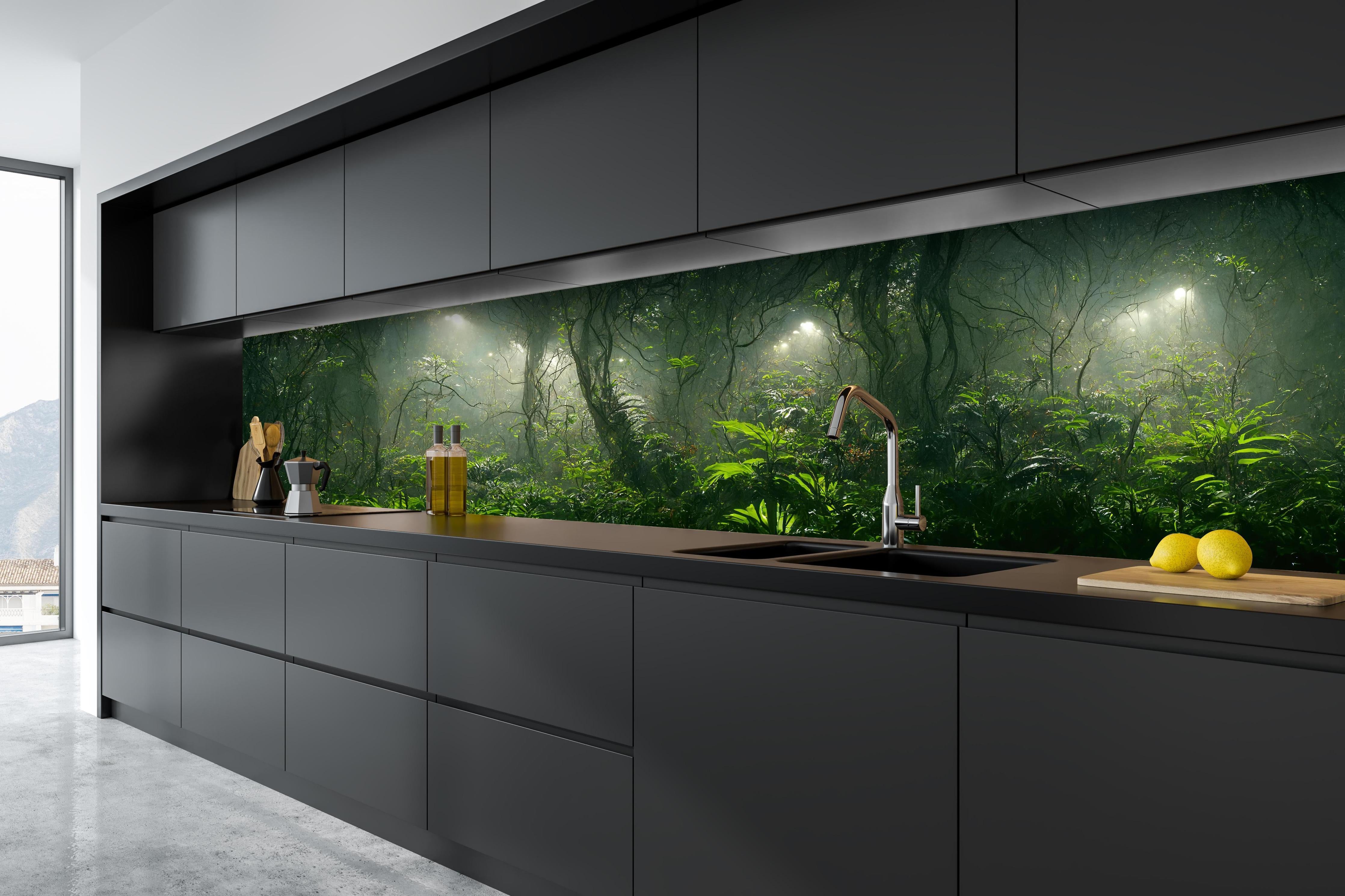 Küche - Nachtlandschaft des Dschungels hinter weißen Hochglanz-Küchenregalen und schwarzem Wasserhahn