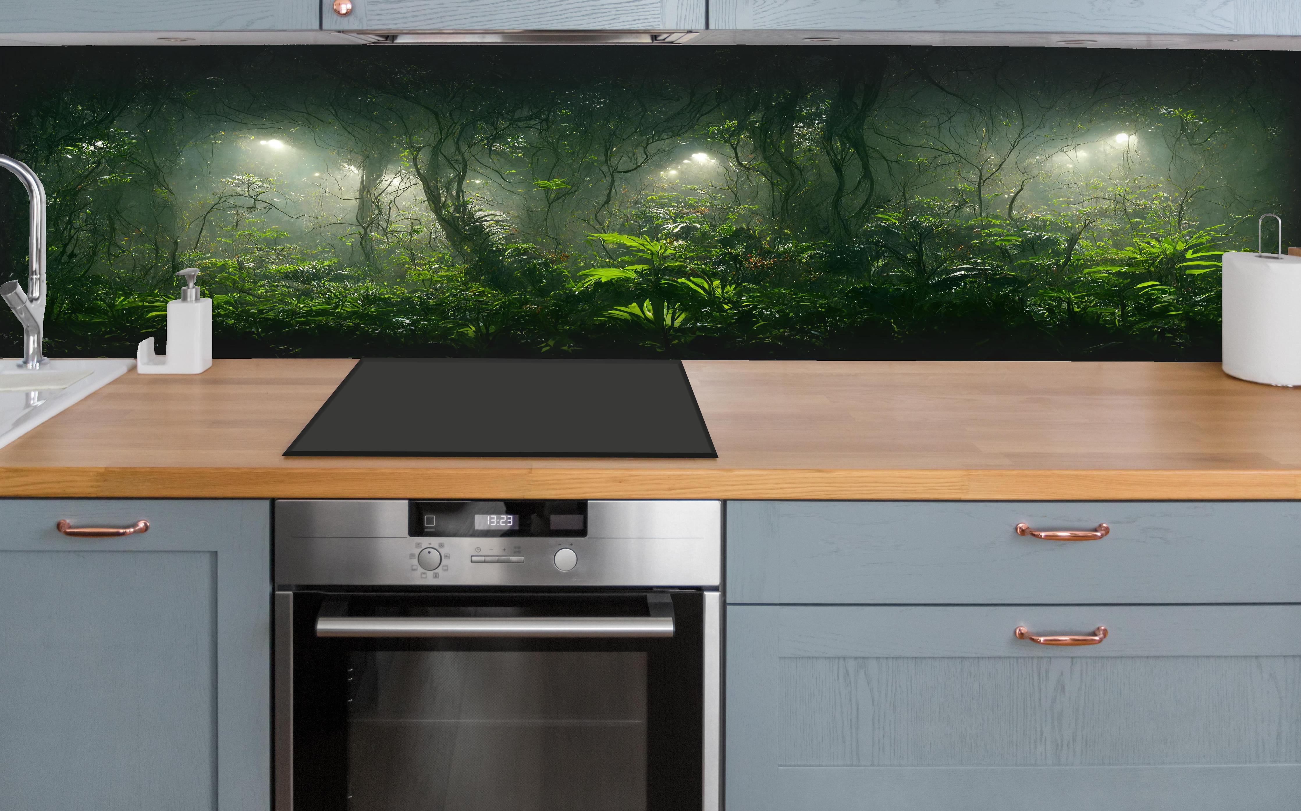 Küche - Nachtlandschaft des Dschungels hinter weißen Hochglanz-Küchenregalen und schwarzem Wasserhahn