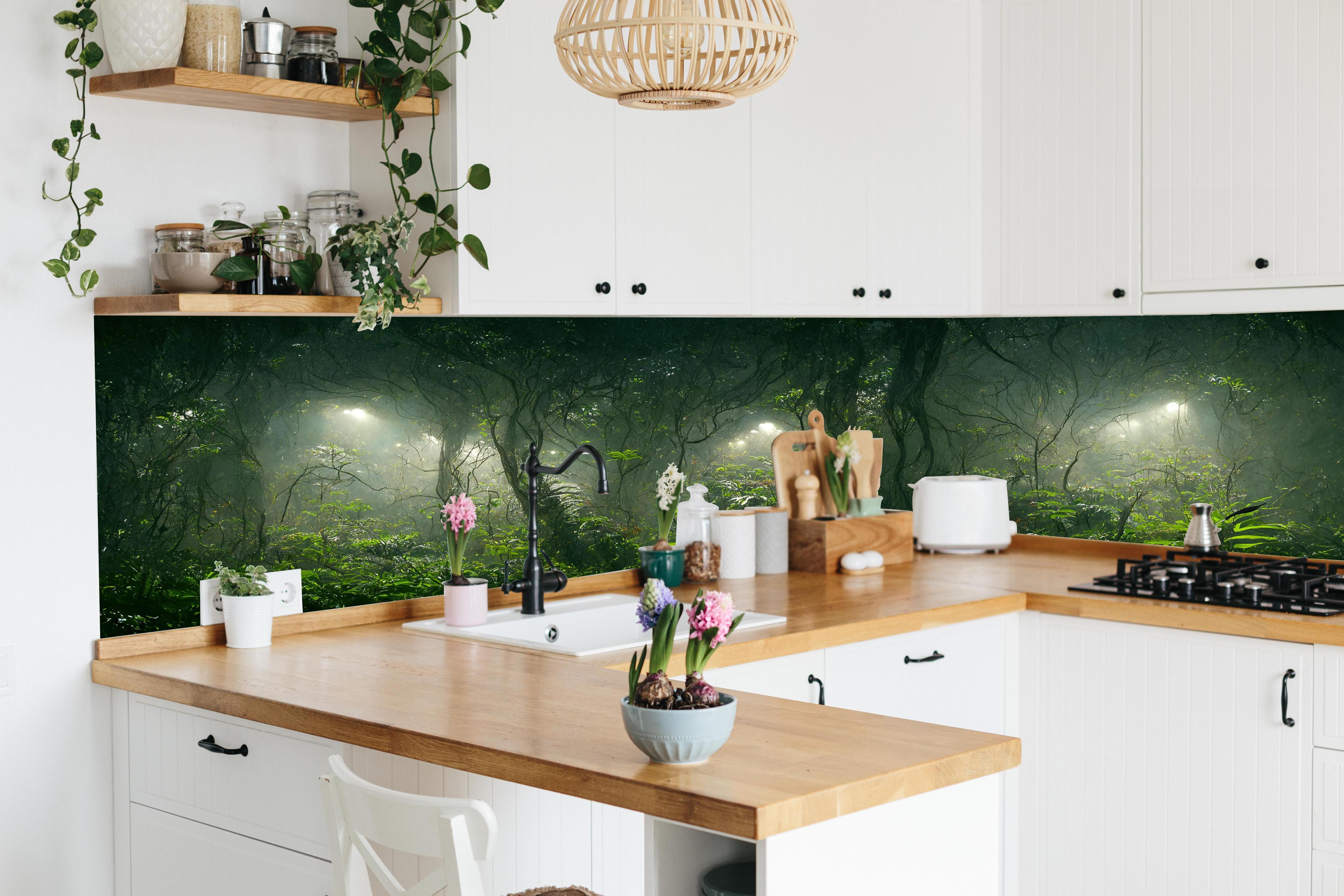 Küche - Nachtlandschaft des Dschungels hinter weißen Hochglanz-Küchenregalen und schwarzem Wasserhahn