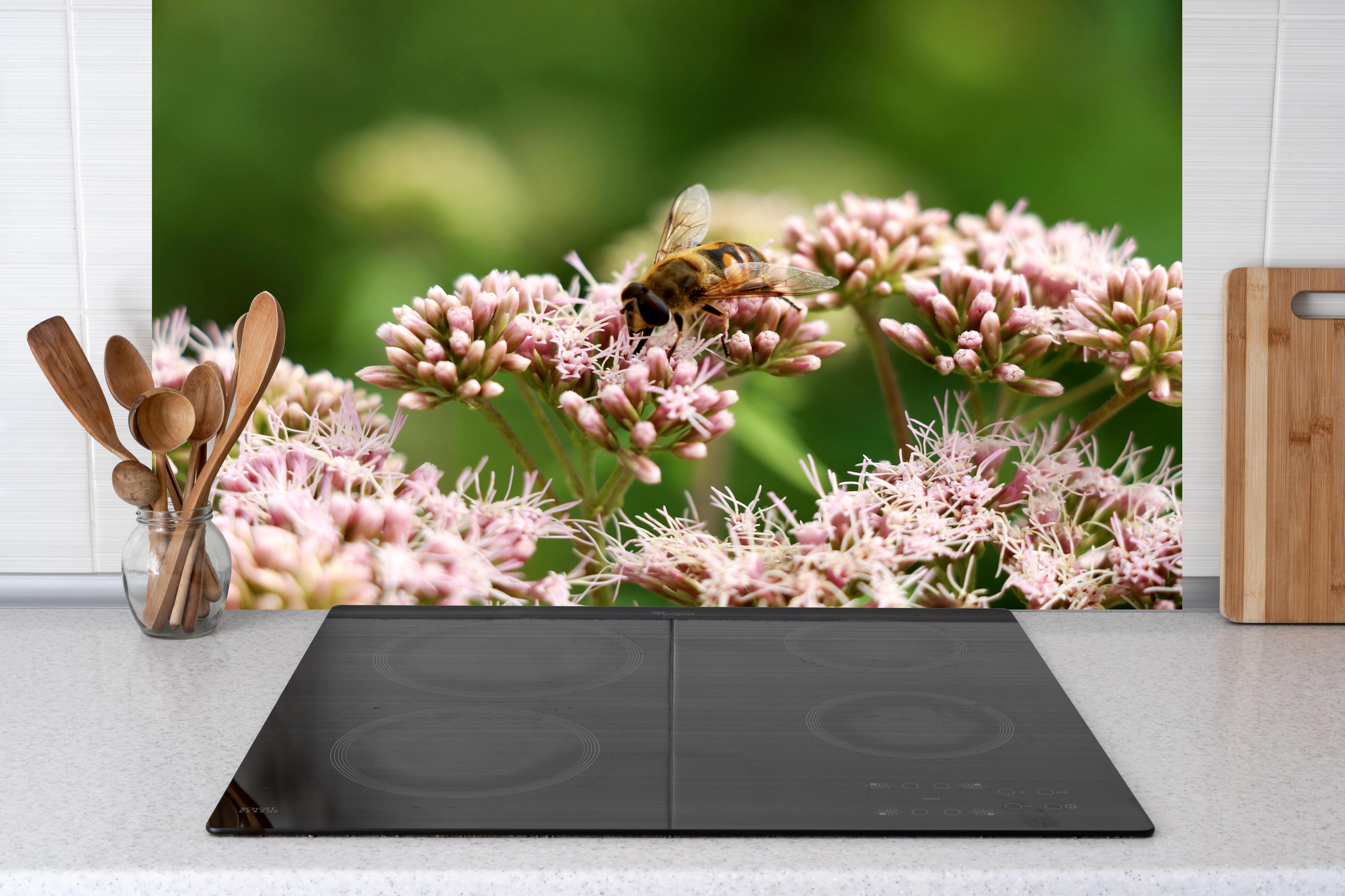 Küche - Nahaufnahme Biene Rosa Blütenpracht hinter weißen Hochglanz-Küchenregalen und schwarzem Wasserhahn