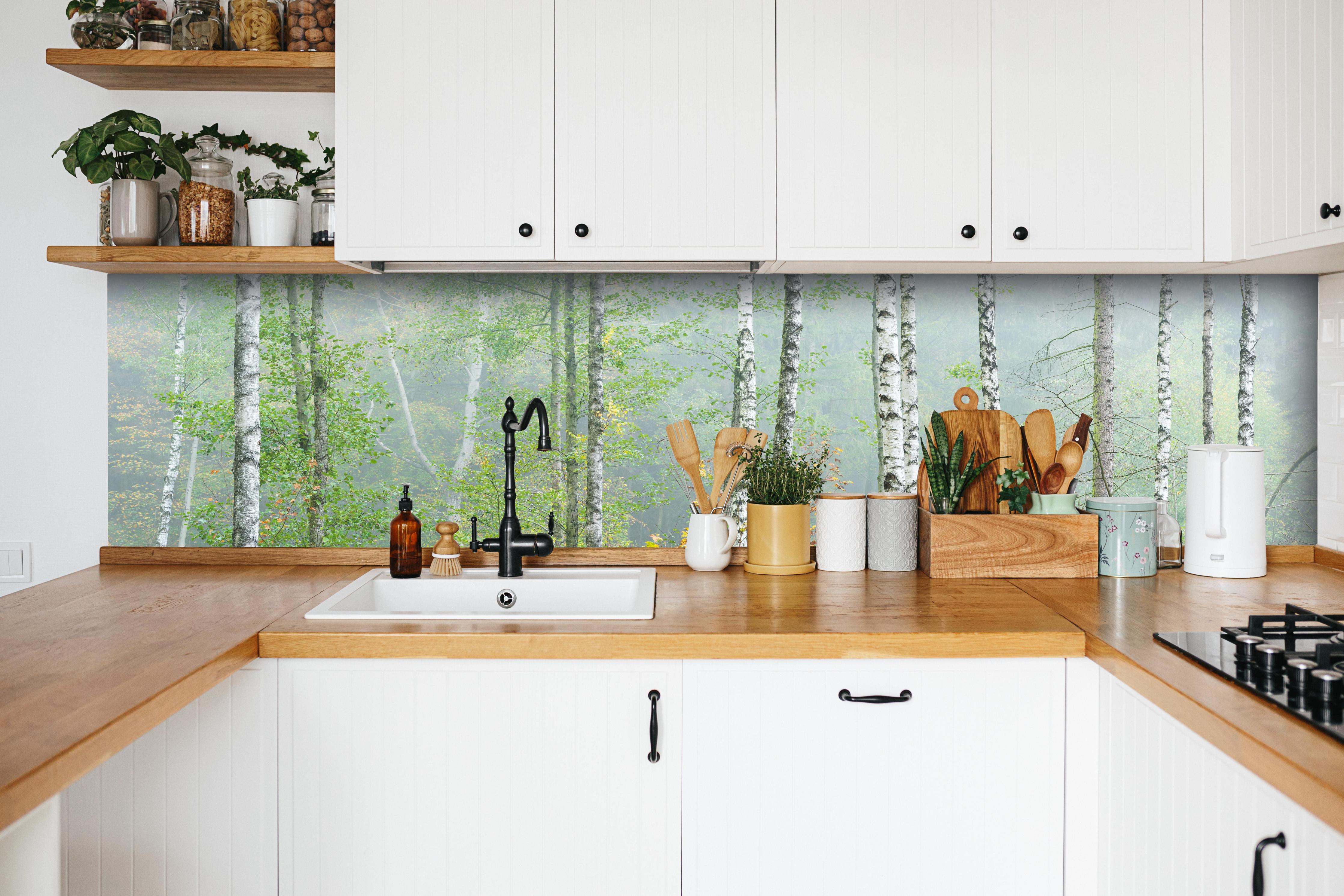 Küche - Nebeliger Birkenwald hinter weißen Hochglanz-Küchenregalen und schwarzem Wasserhahn