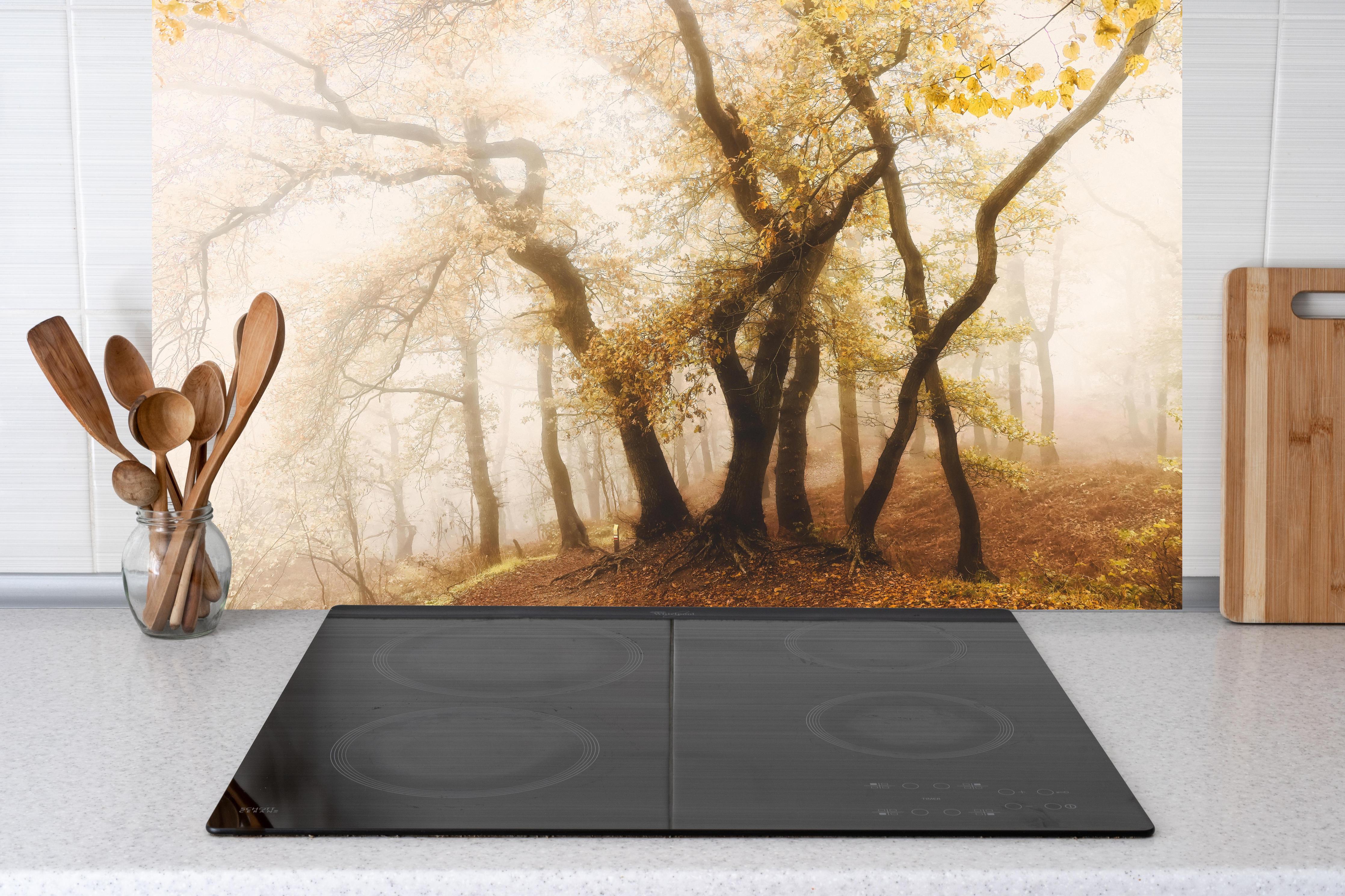 Küche - Nebeliger Wald im Herbst hinter weißen Hochglanz-Küchenregalen und schwarzem Wasserhahn